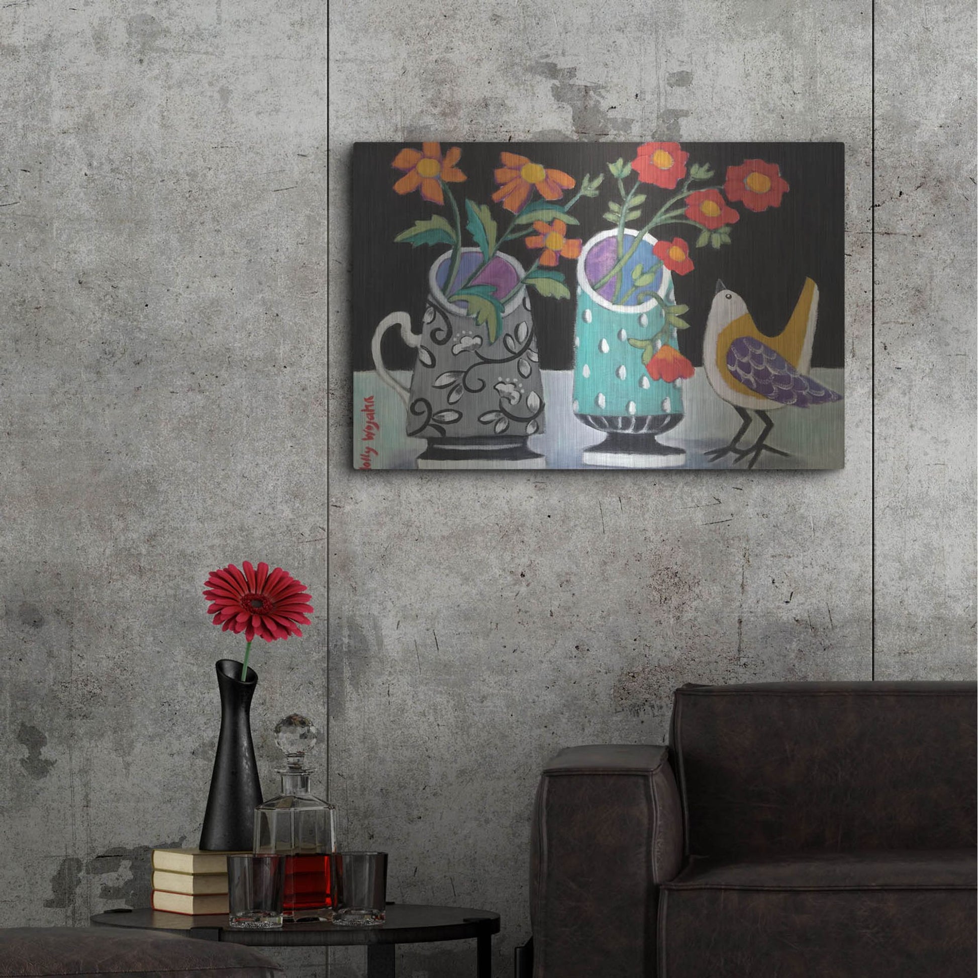 Luxe Metal Art 'Two Cheery Vases and a Chirp' by Holly Wojhan, Metal Wall Art,36x24