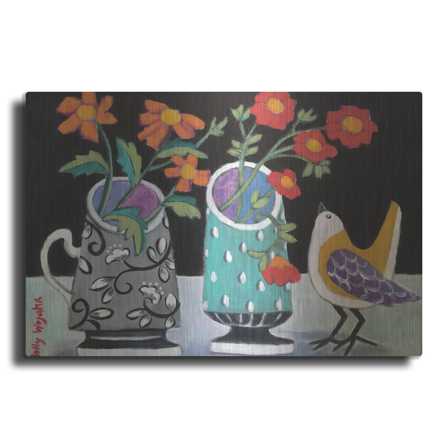 Luxe Metal Art 'Two Cheery Vases and a Chirp' by Holly Wojhan, Metal Wall Art
