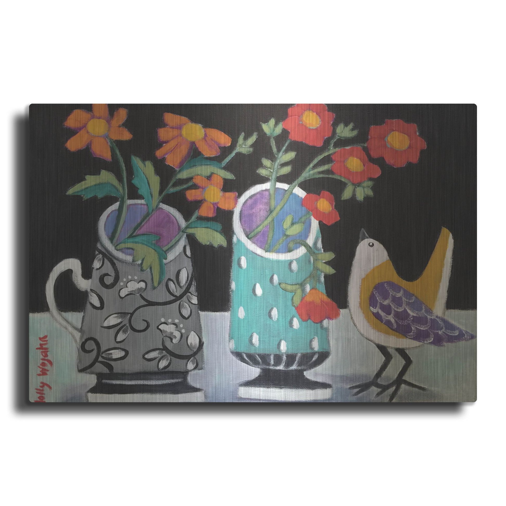 Luxe Metal Art 'Two Cheery Vases and a Chirp' by Holly Wojhan, Metal Wall Art