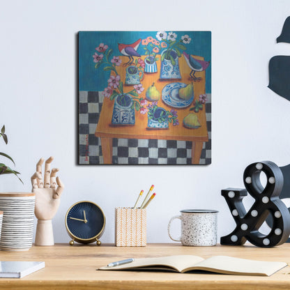 Luxe Metal Art 'This Table Has The Blues' by Holly Wojhan, Metal Wall Art,12x12