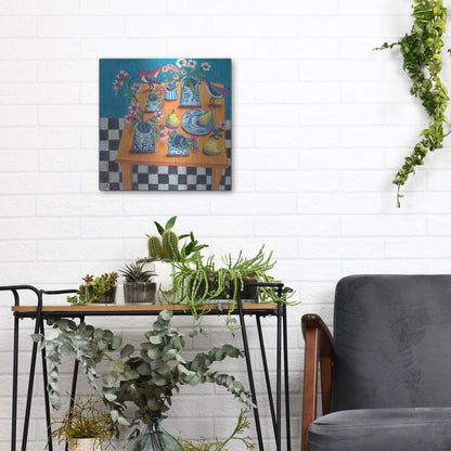 Luxe Metal Art 'This Table Has The Blues' by Holly Wojhan, Metal Wall Art,12x12