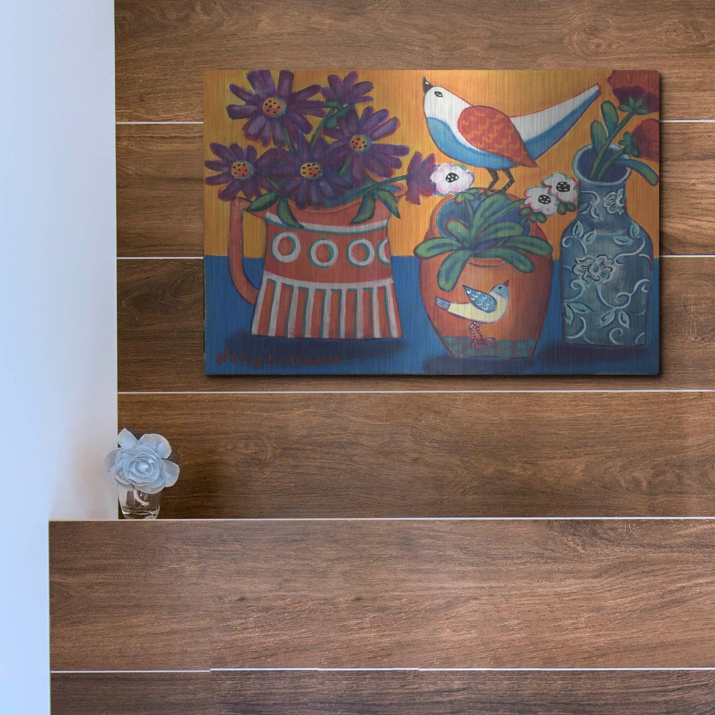 Luxe Metal Art 'Orange and Blue Vases' by Holly Wojhan, Metal Wall Art,16x12