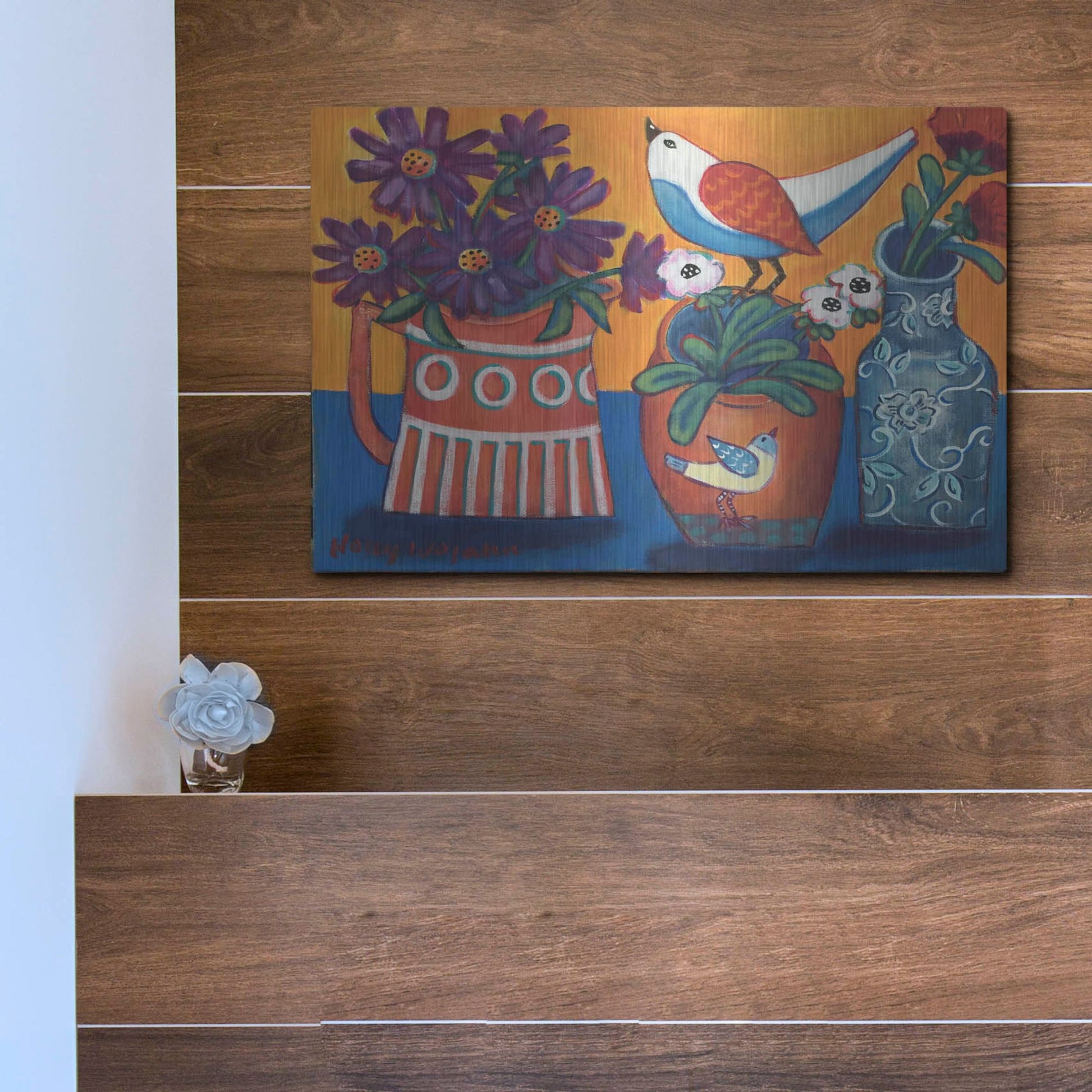 Luxe Metal Art 'Orange and Blue Vases' by Holly Wojhan, Metal Wall Art,16x12