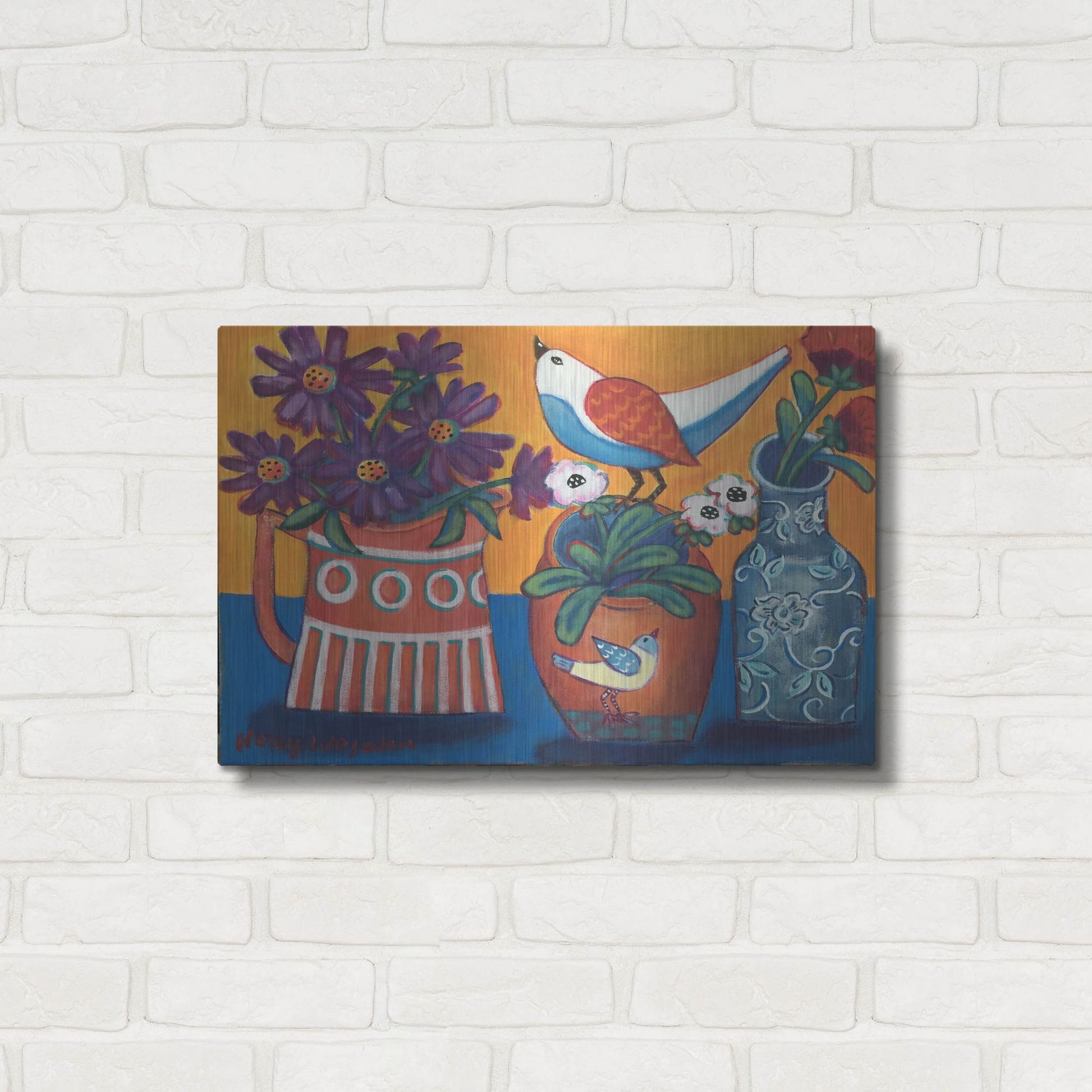 Luxe Metal Art 'Orange and Blue Vases' by Holly Wojhan, Metal Wall Art,24x16