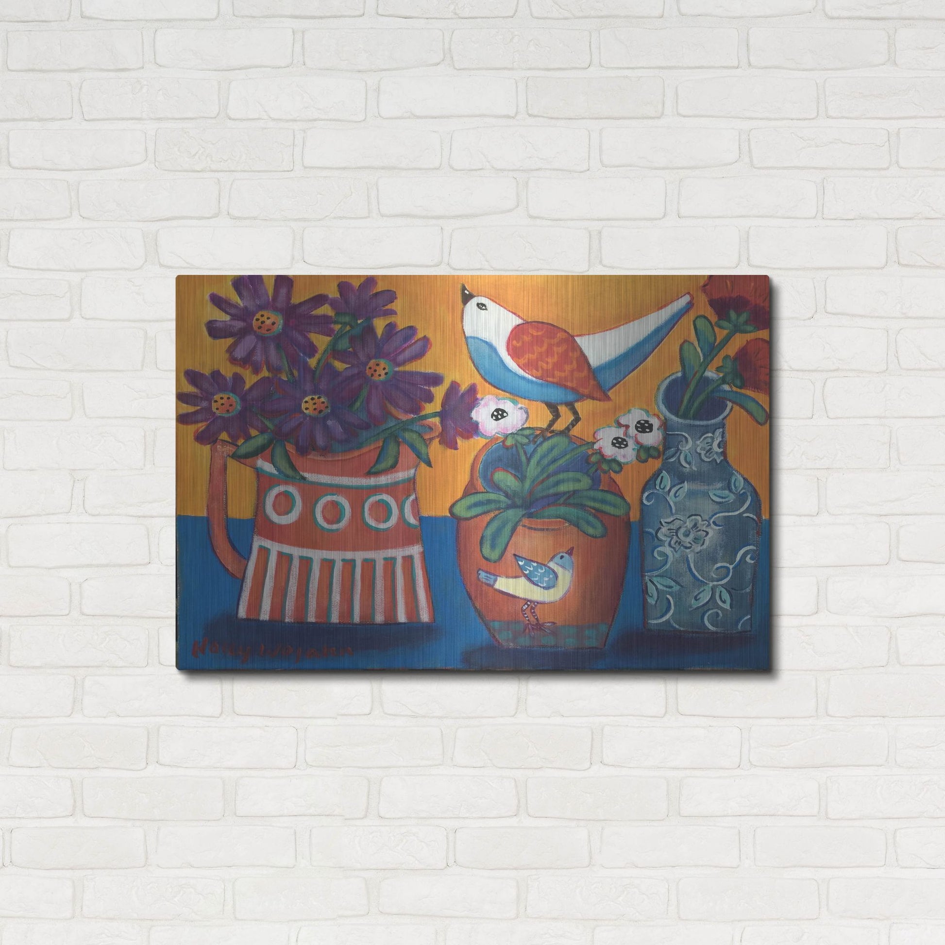 Luxe Metal Art 'Orange and Blue Vases' by Holly Wojhan, Metal Wall Art,36x24