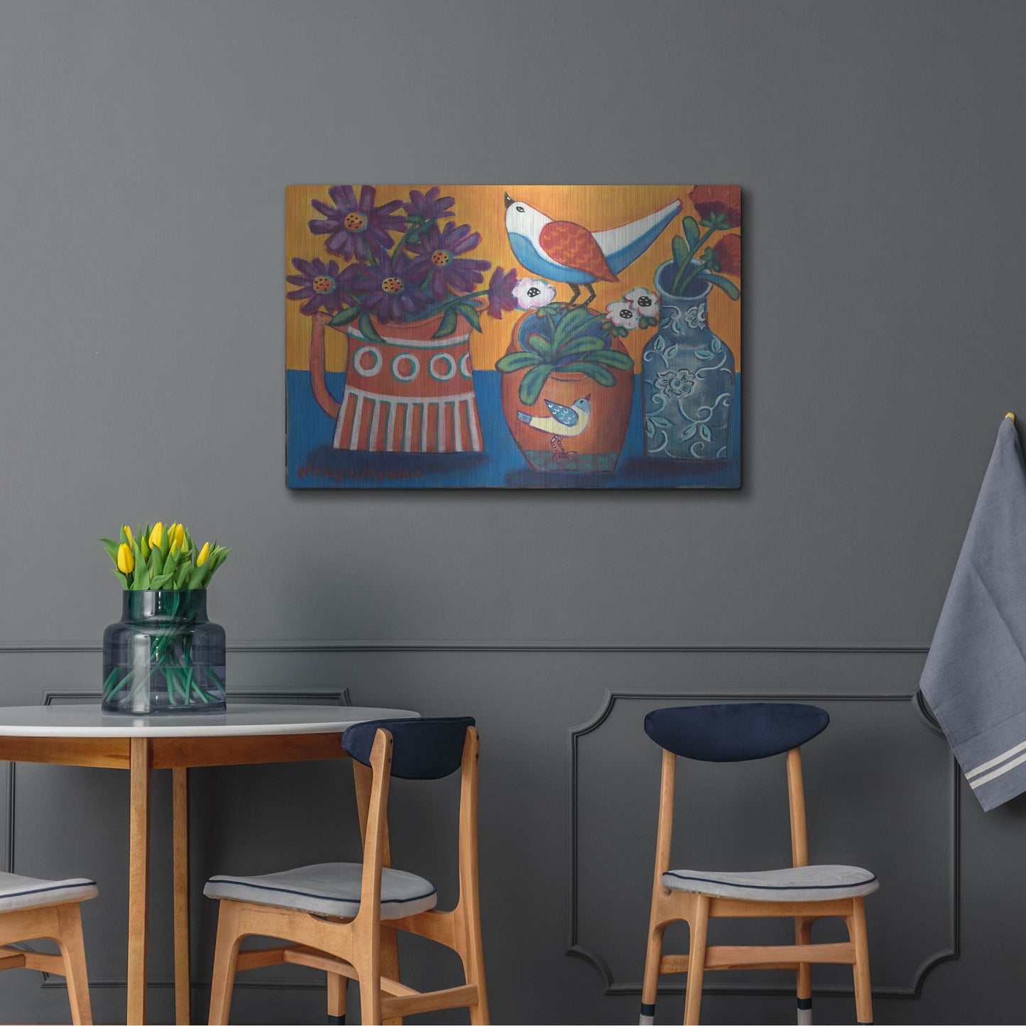 Luxe Metal Art 'Orange and Blue Vases' by Holly Wojhan, Metal Wall Art,36x24