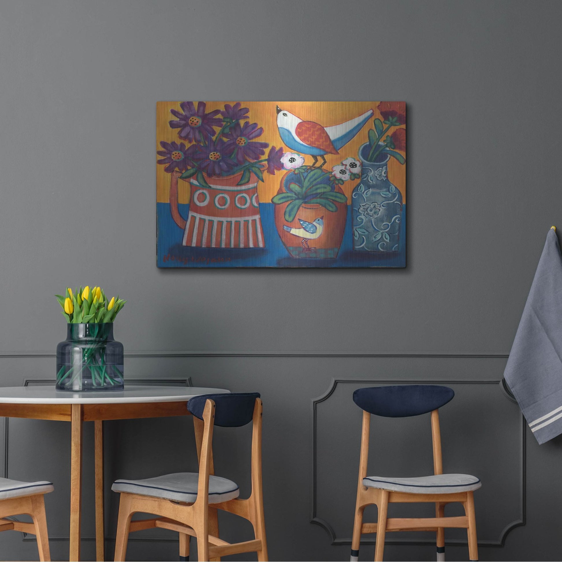 Luxe Metal Art 'Orange and Blue Vases' by Holly Wojhan, Metal Wall Art,36x24