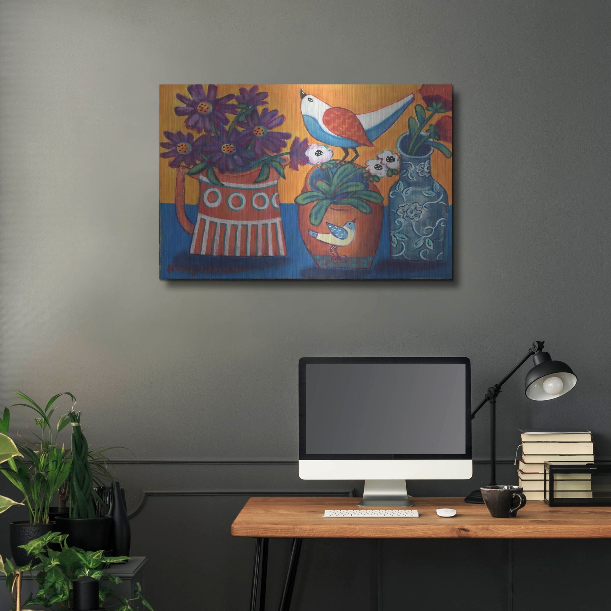 Luxe Metal Art 'Orange and Blue Vases' by Holly Wojhan, Metal Wall Art,36x24