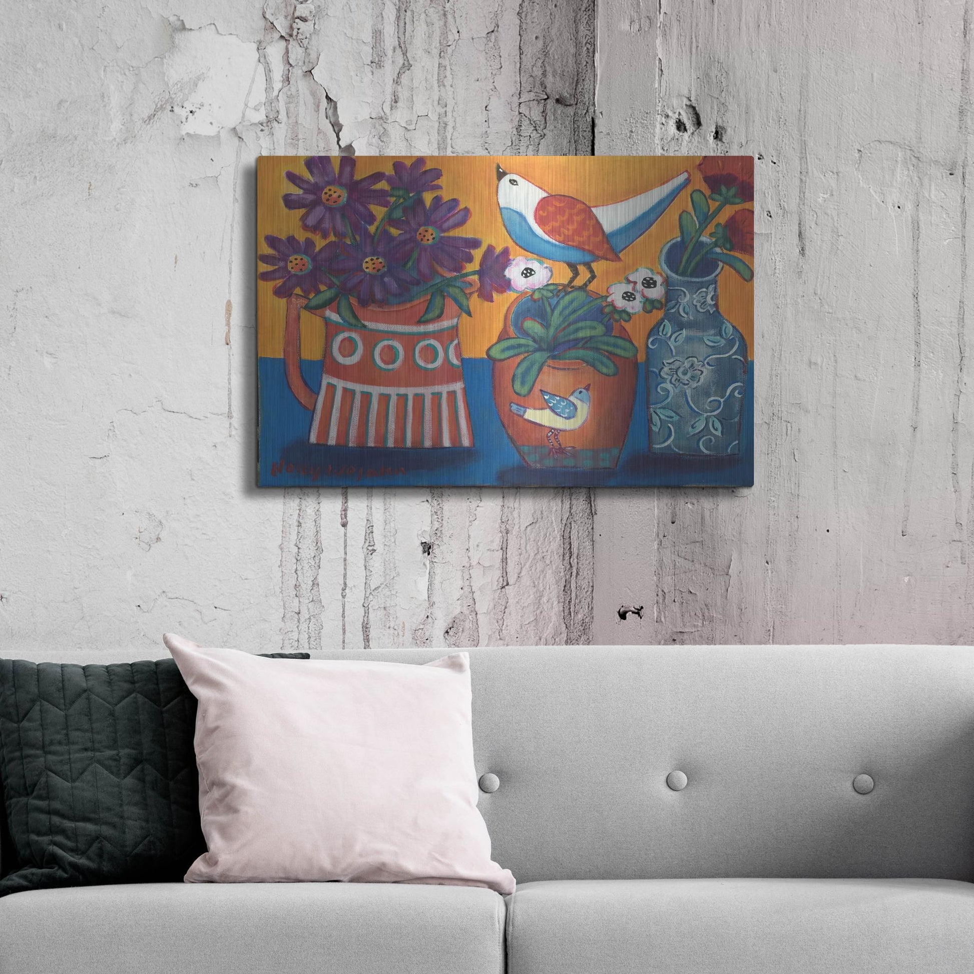 Luxe Metal Art 'Orange and Blue Vases' by Holly Wojhan, Metal Wall Art,36x24