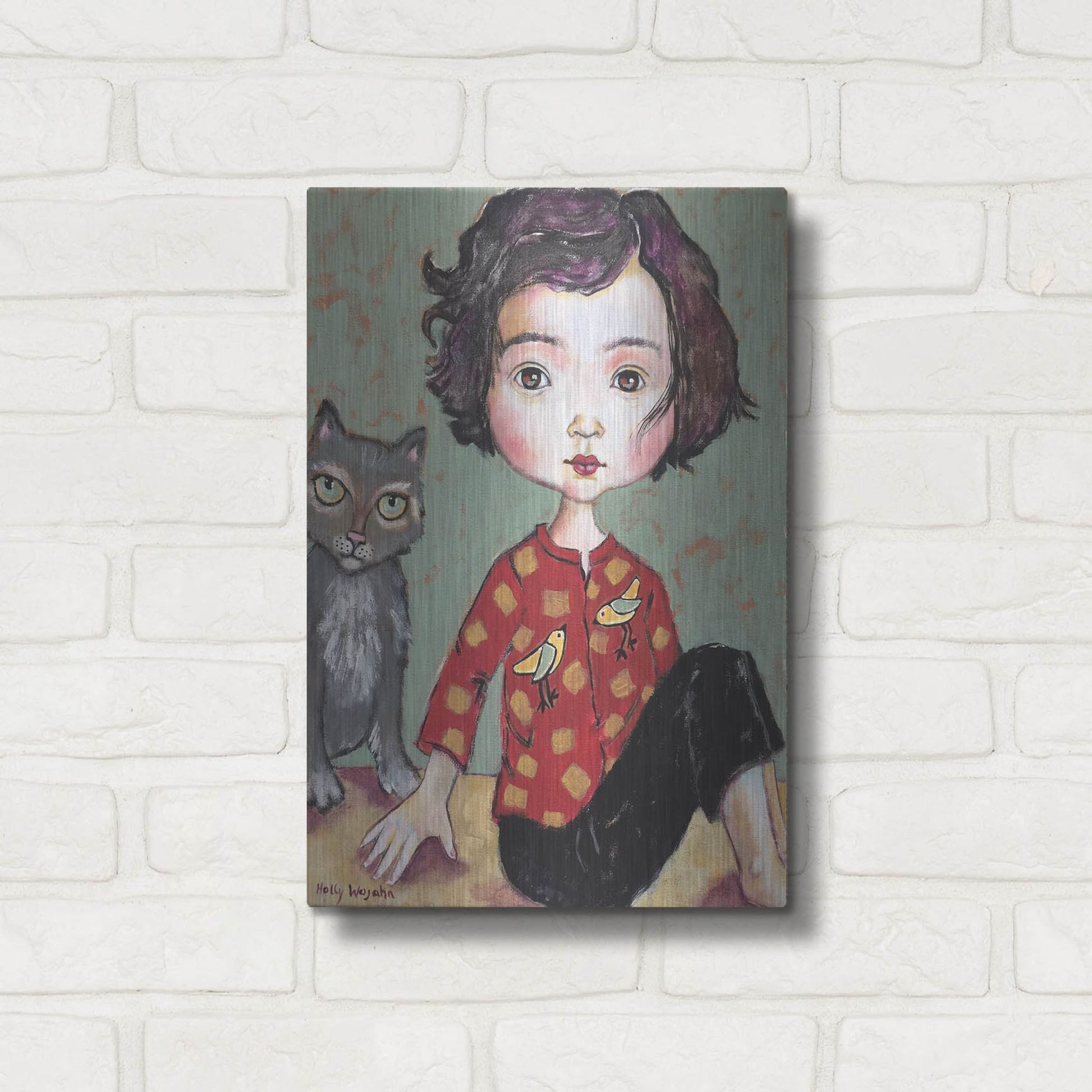 Luxe Metal Art 'Girl With Cat' by Holly Wojhan, Metal Wall Art,12x16