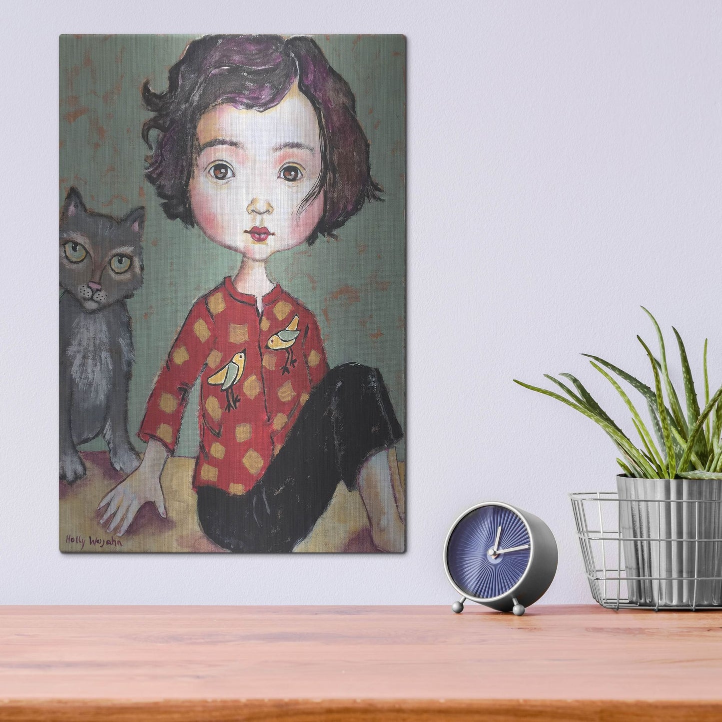 Luxe Metal Art 'Girl With Cat' by Holly Wojhan, Metal Wall Art,12x16