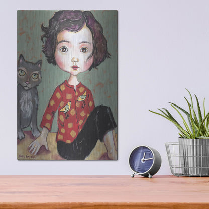 Luxe Metal Art 'Girl With Cat' by Holly Wojhan, Metal Wall Art,12x16