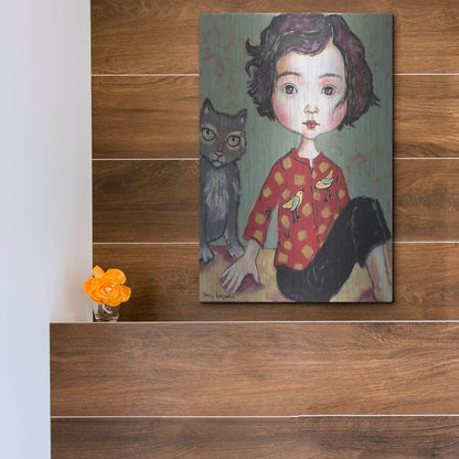 Luxe Metal Art 'Girl With Cat' by Holly Wojhan, Metal Wall Art,12x16