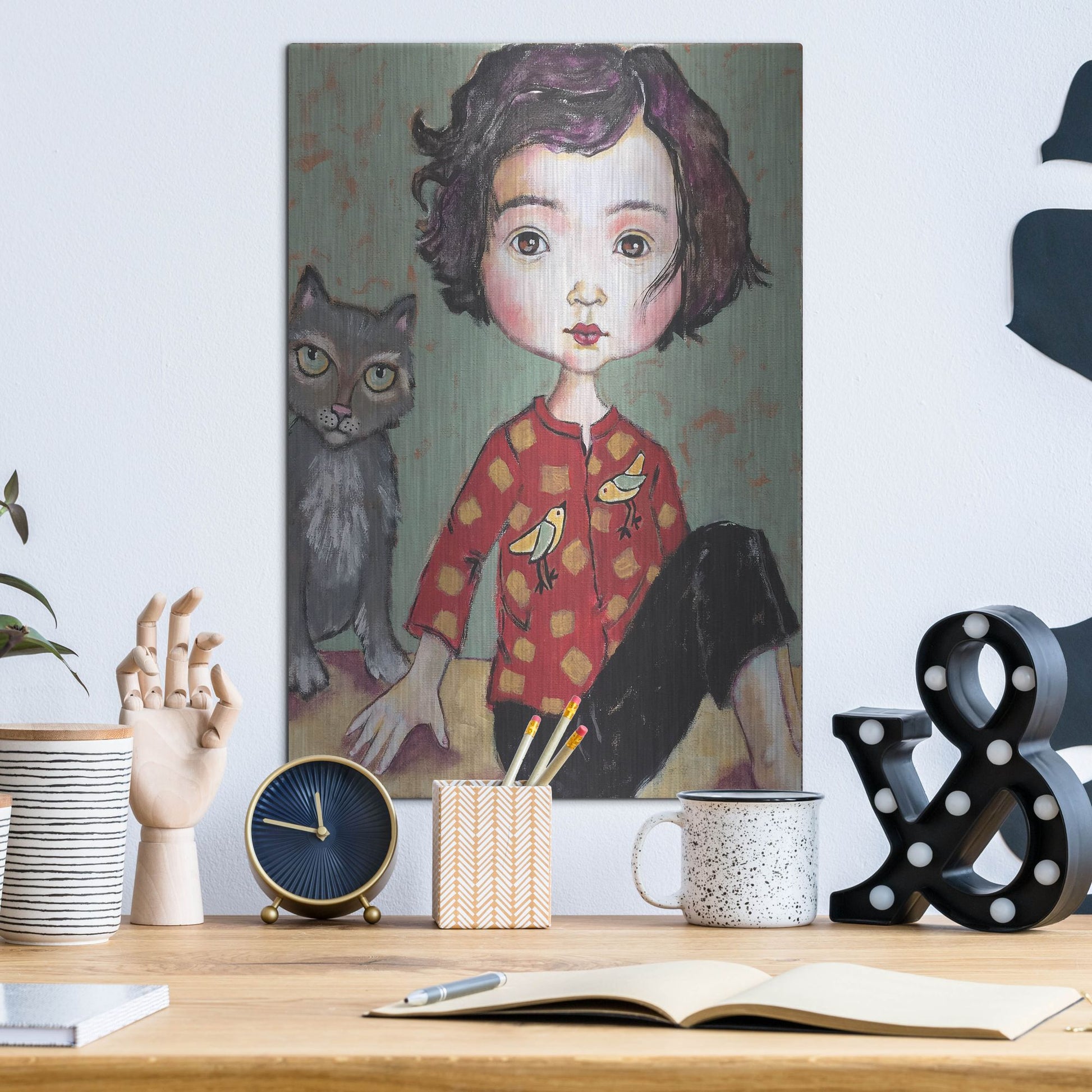 Luxe Metal Art 'Girl With Cat' by Holly Wojhan, Metal Wall Art,12x16