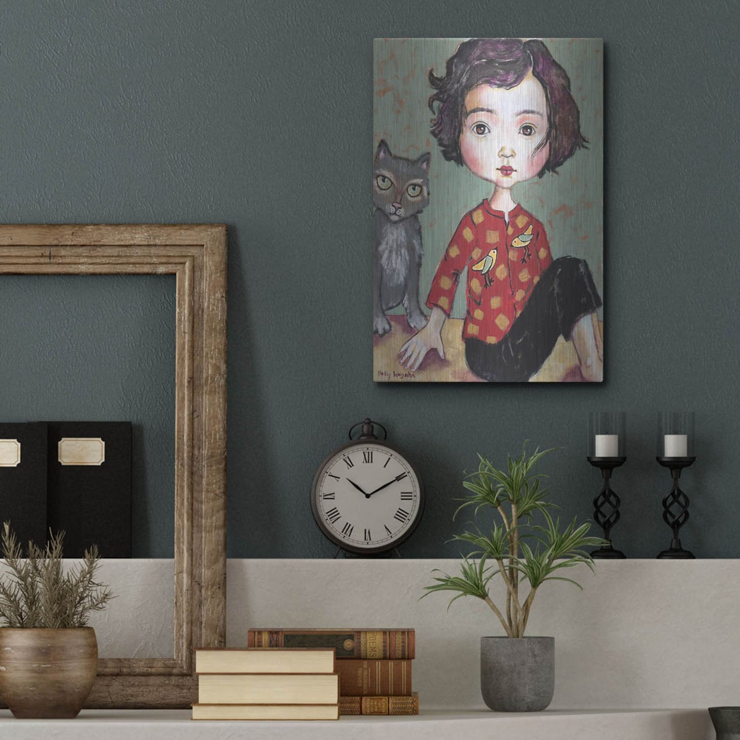 Luxe Metal Art 'Girl With Cat' by Holly Wojhan, Metal Wall Art,12x16