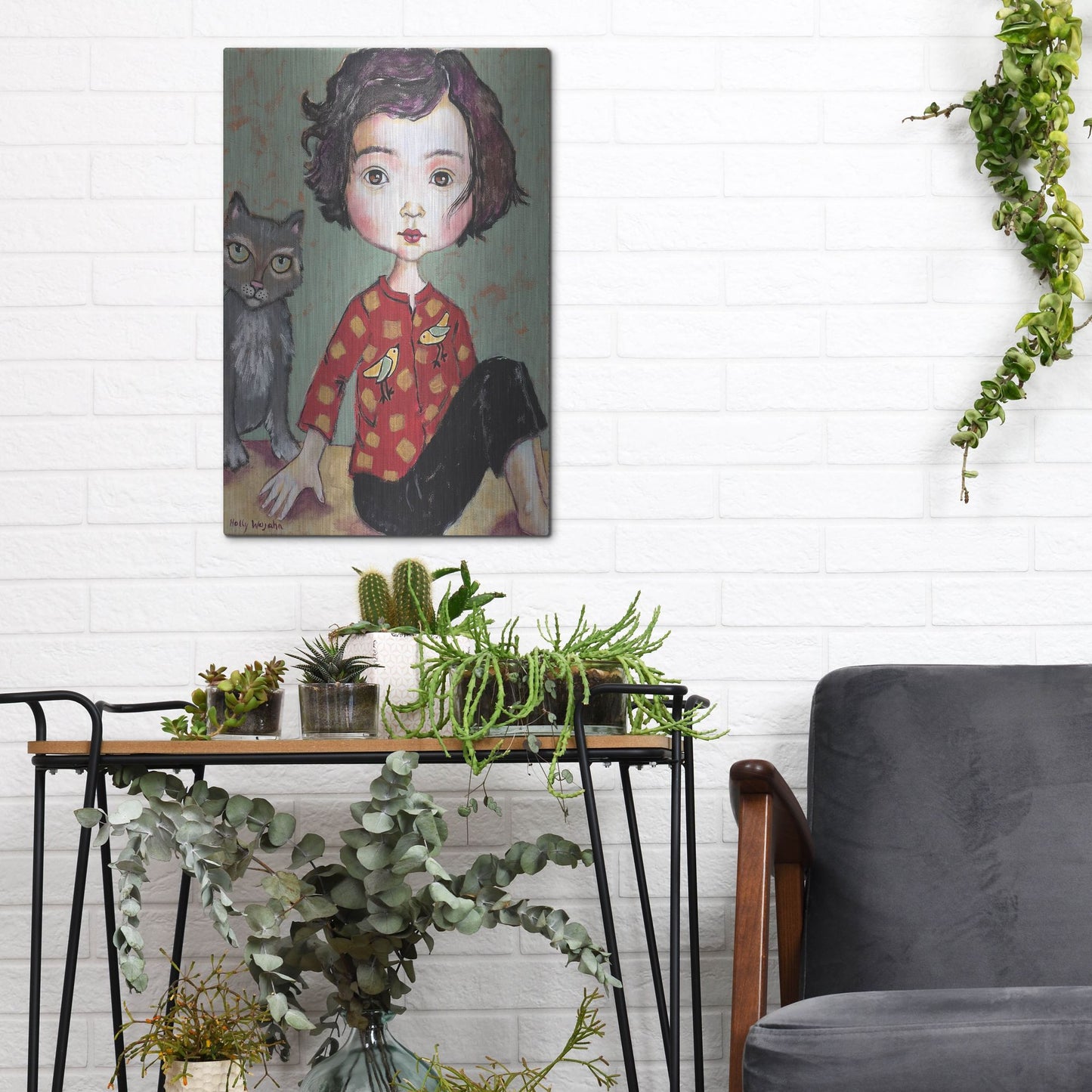 Luxe Metal Art 'Girl With Cat' by Holly Wojhan, Metal Wall Art,12x16