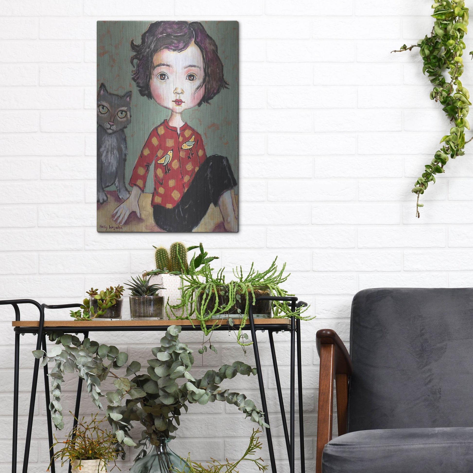 Luxe Metal Art 'Girl With Cat' by Holly Wojhan, Metal Wall Art,12x16