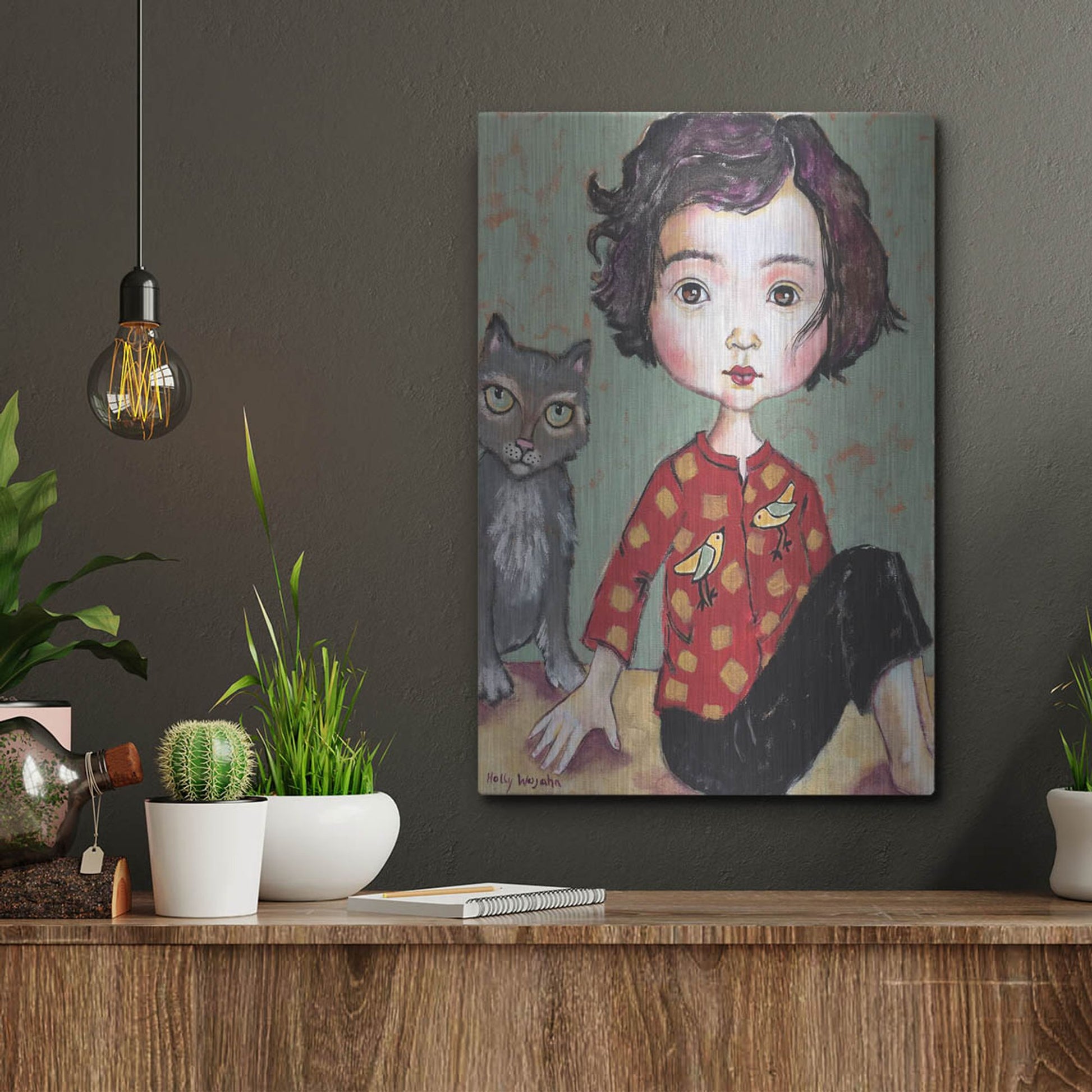 Luxe Metal Art 'Girl With Cat' by Holly Wojhan, Metal Wall Art,12x16