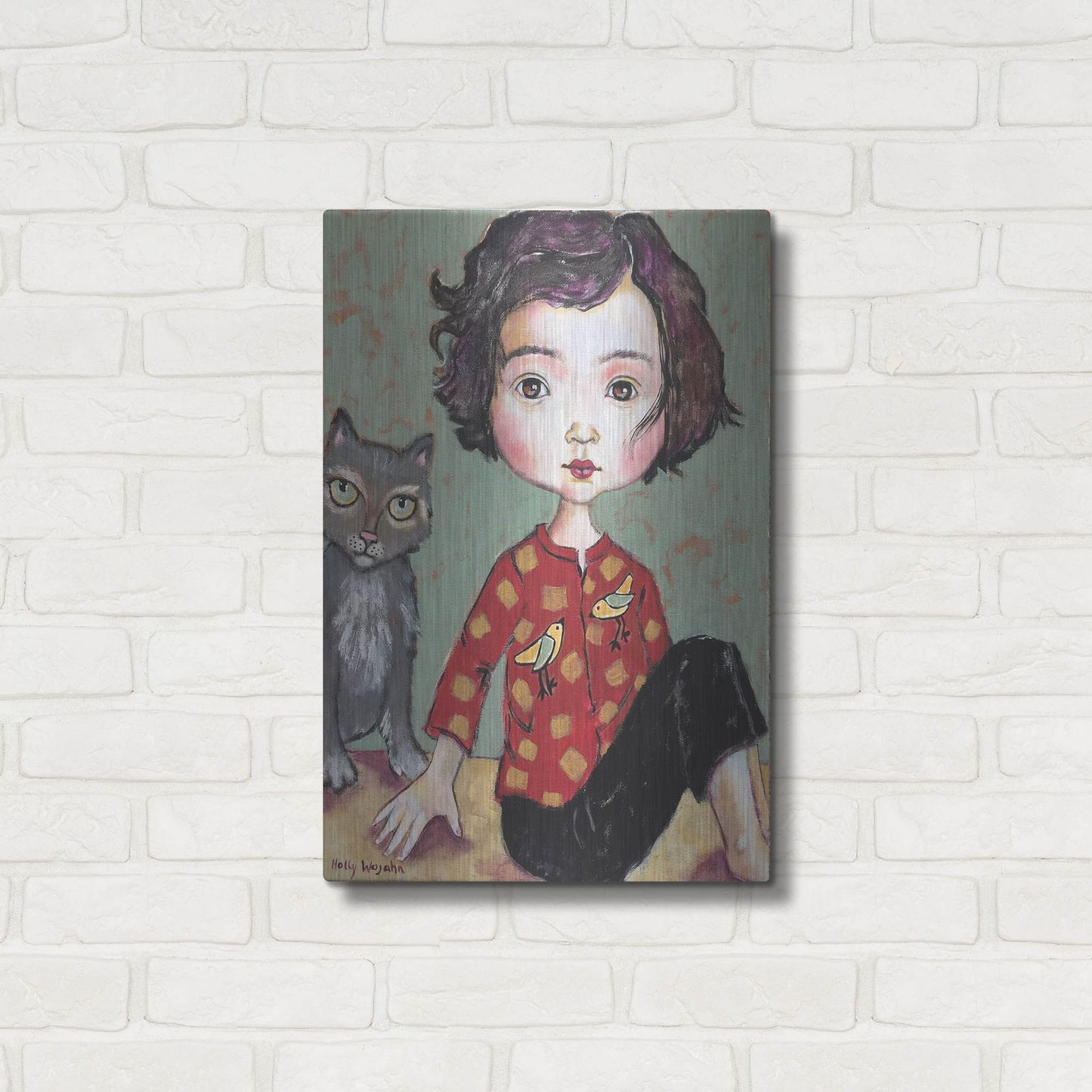 Luxe Metal Art 'Girl With Cat' by Holly Wojhan, Metal Wall Art,16x24