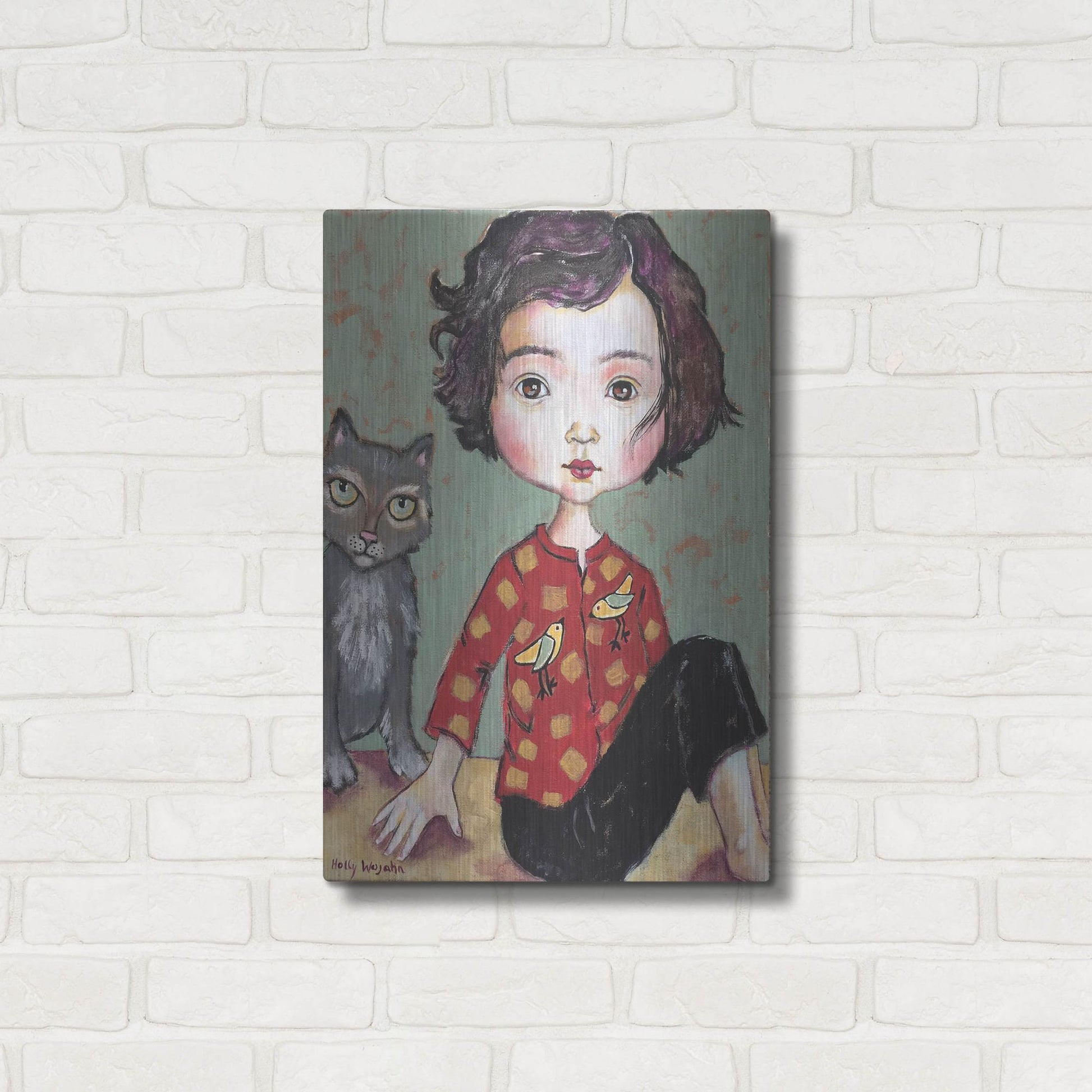 Luxe Metal Art 'Girl With Cat' by Holly Wojhan, Metal Wall Art,16x24