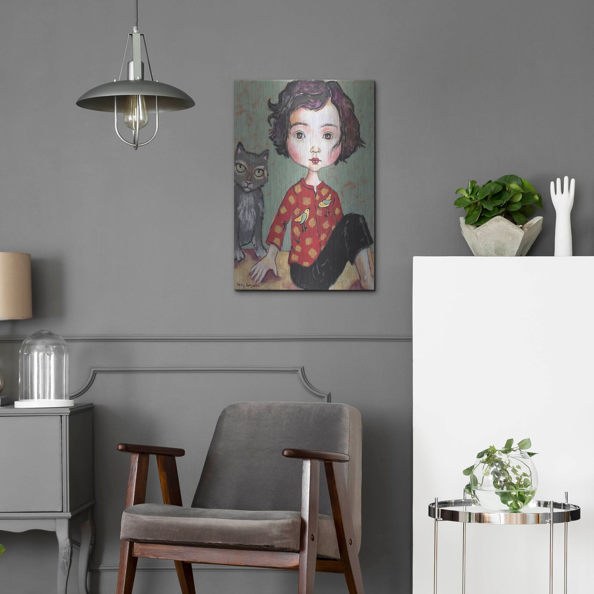 Luxe Metal Art 'Girl With Cat' by Holly Wojhan, Metal Wall Art,16x24