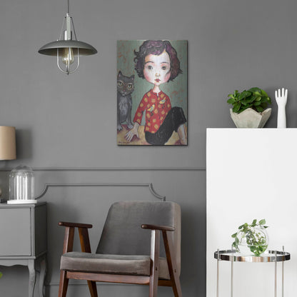 Luxe Metal Art 'Girl With Cat' by Holly Wojhan, Metal Wall Art,16x24