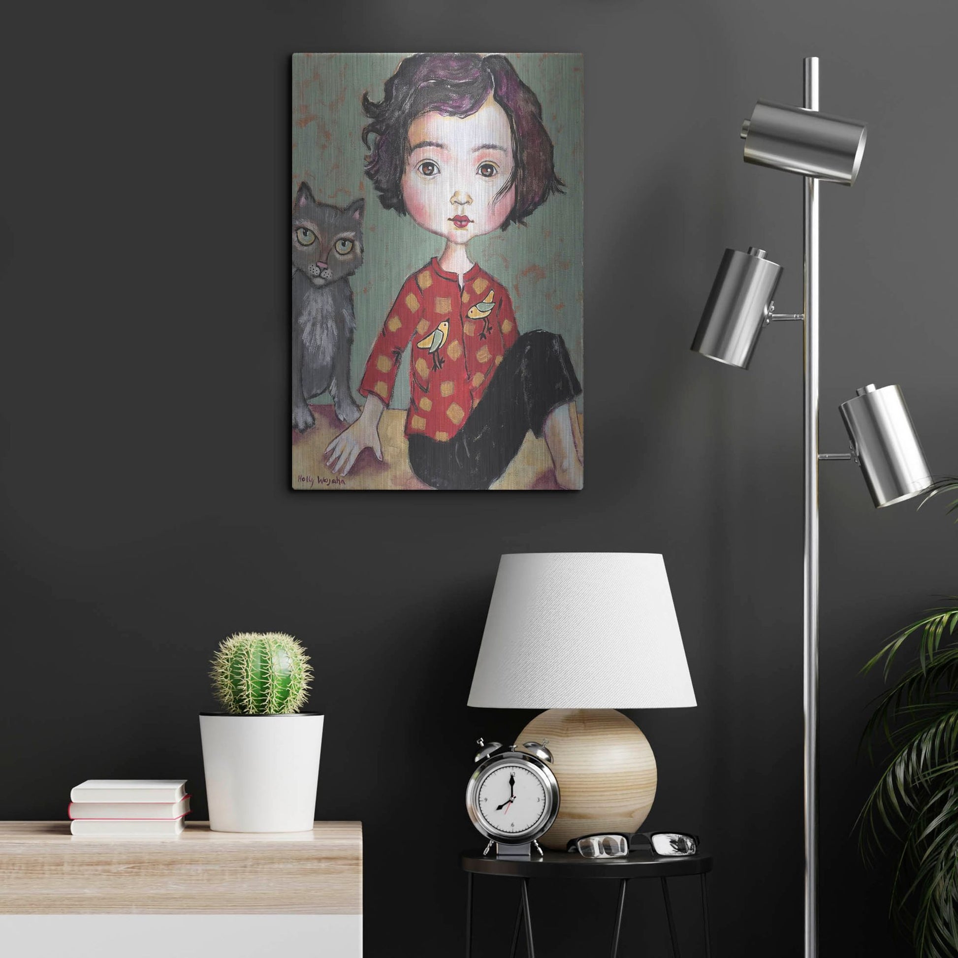 Luxe Metal Art 'Girl With Cat' by Holly Wojhan, Metal Wall Art,16x24