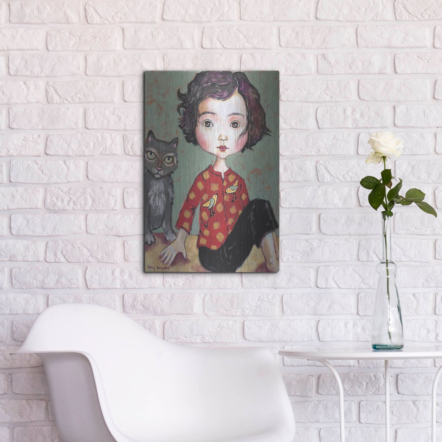 Luxe Metal Art 'Girl With Cat' by Holly Wojhan, Metal Wall Art,16x24