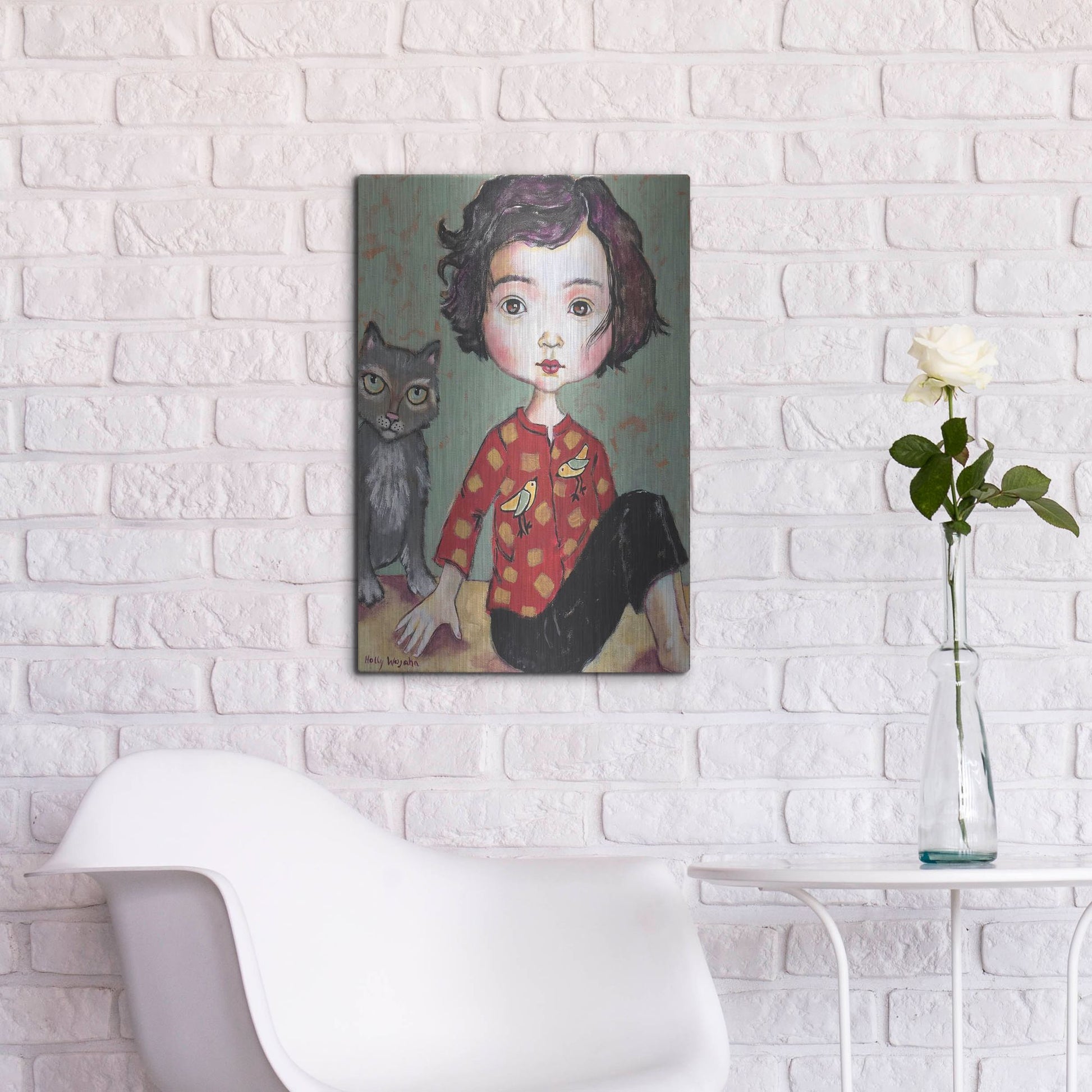 Luxe Metal Art 'Girl With Cat' by Holly Wojhan, Metal Wall Art,16x24