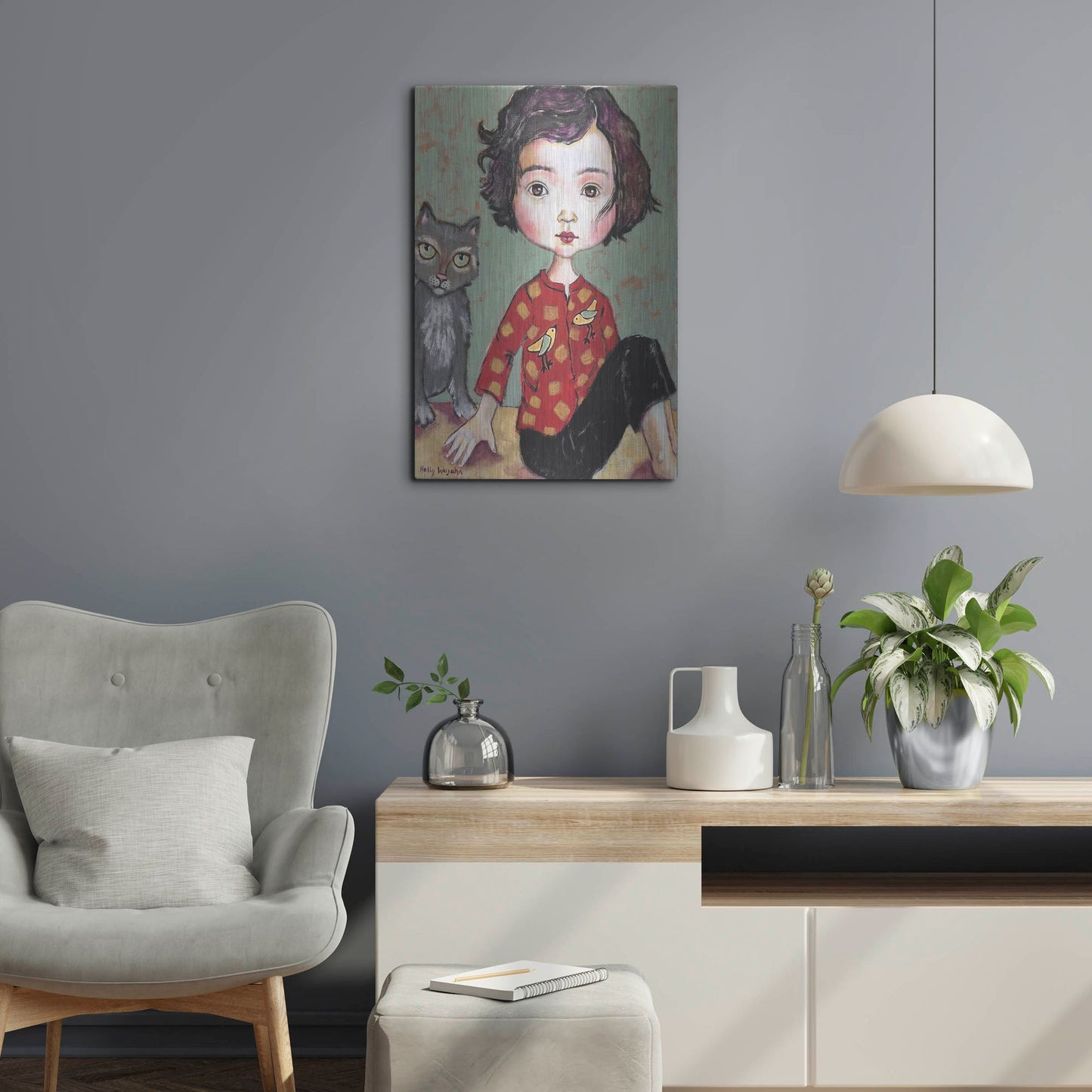 Luxe Metal Art 'Girl With Cat' by Holly Wojhan, Metal Wall Art,16x24