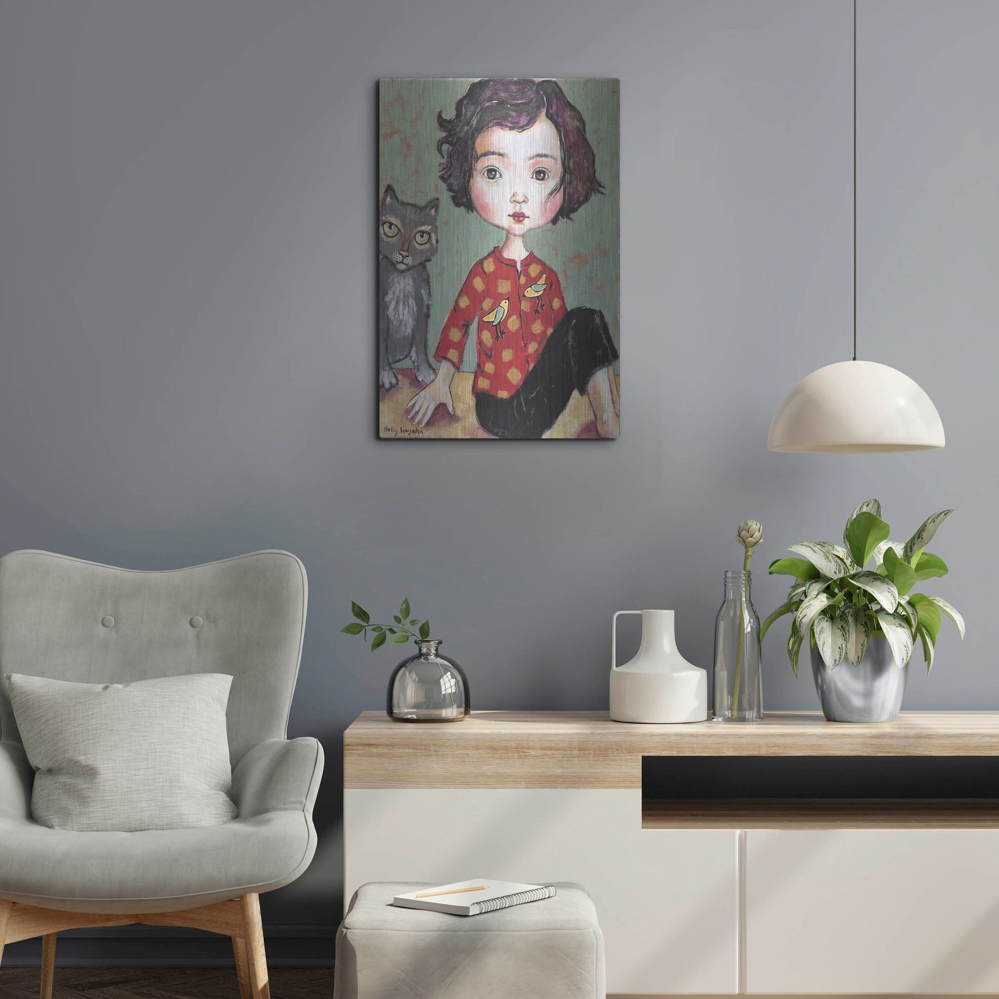 Luxe Metal Art 'Girl With Cat' by Holly Wojhan, Metal Wall Art,16x24