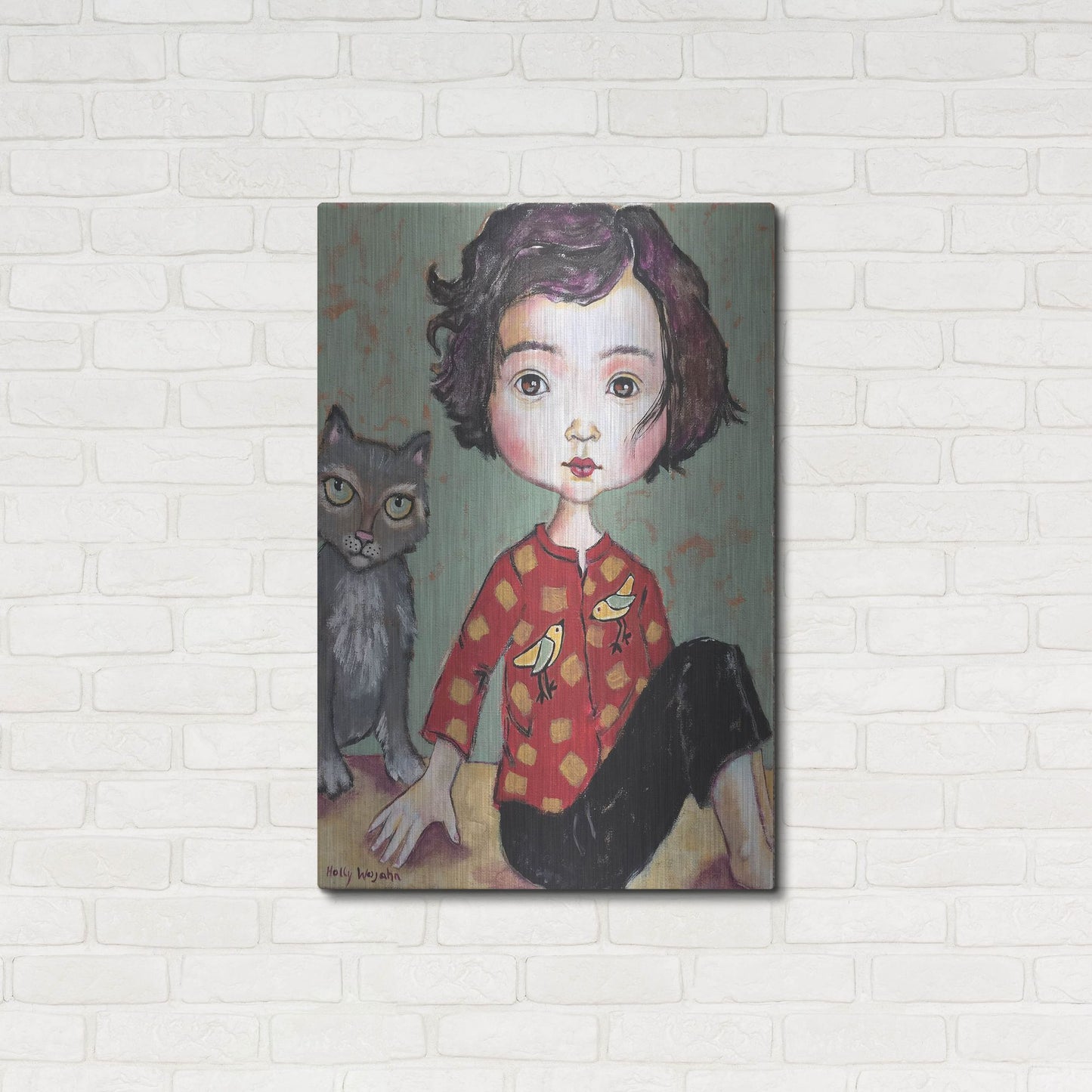 Luxe Metal Art 'Girl With Cat' by Holly Wojhan, Metal Wall Art,24x36