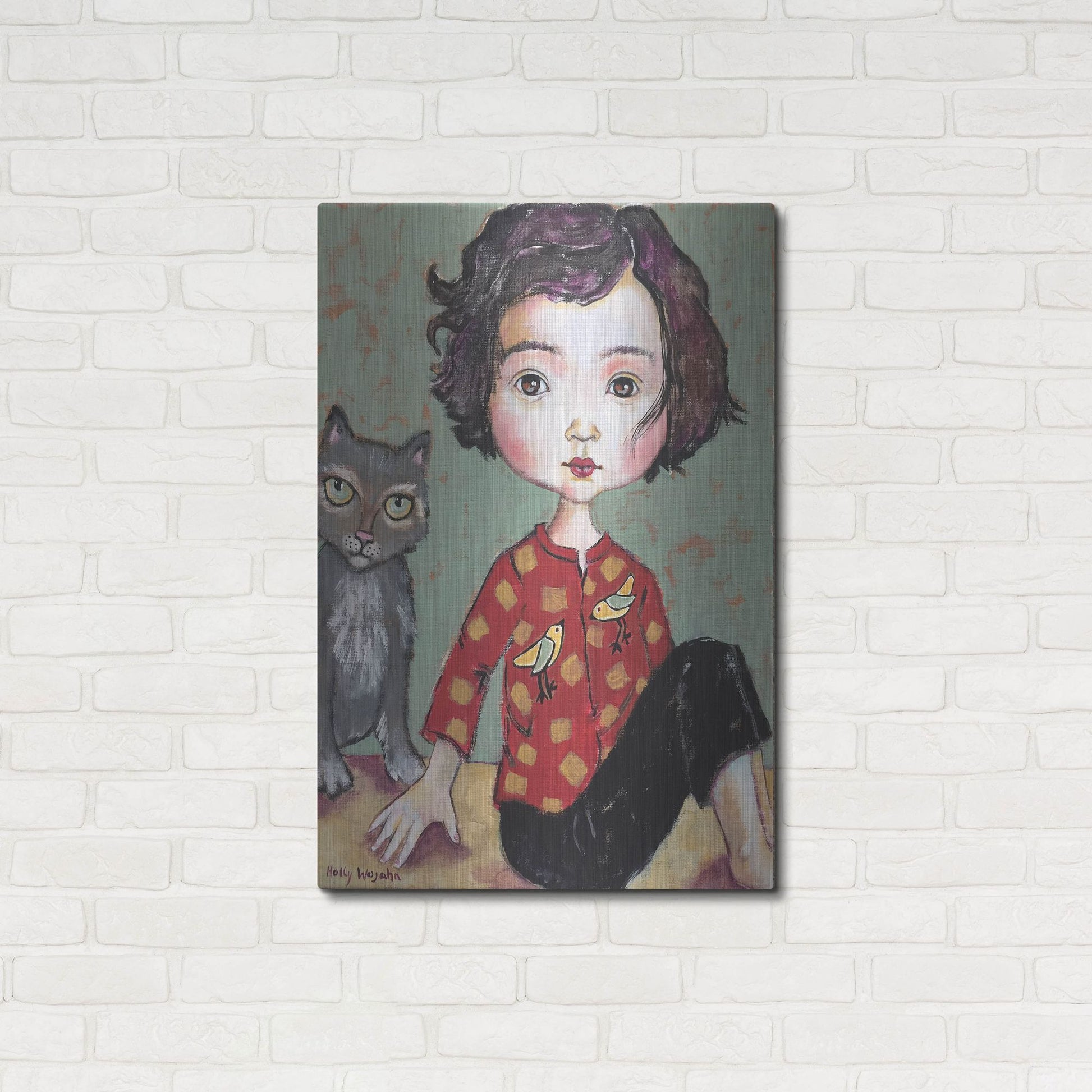 Luxe Metal Art 'Girl With Cat' by Holly Wojhan, Metal Wall Art,24x36