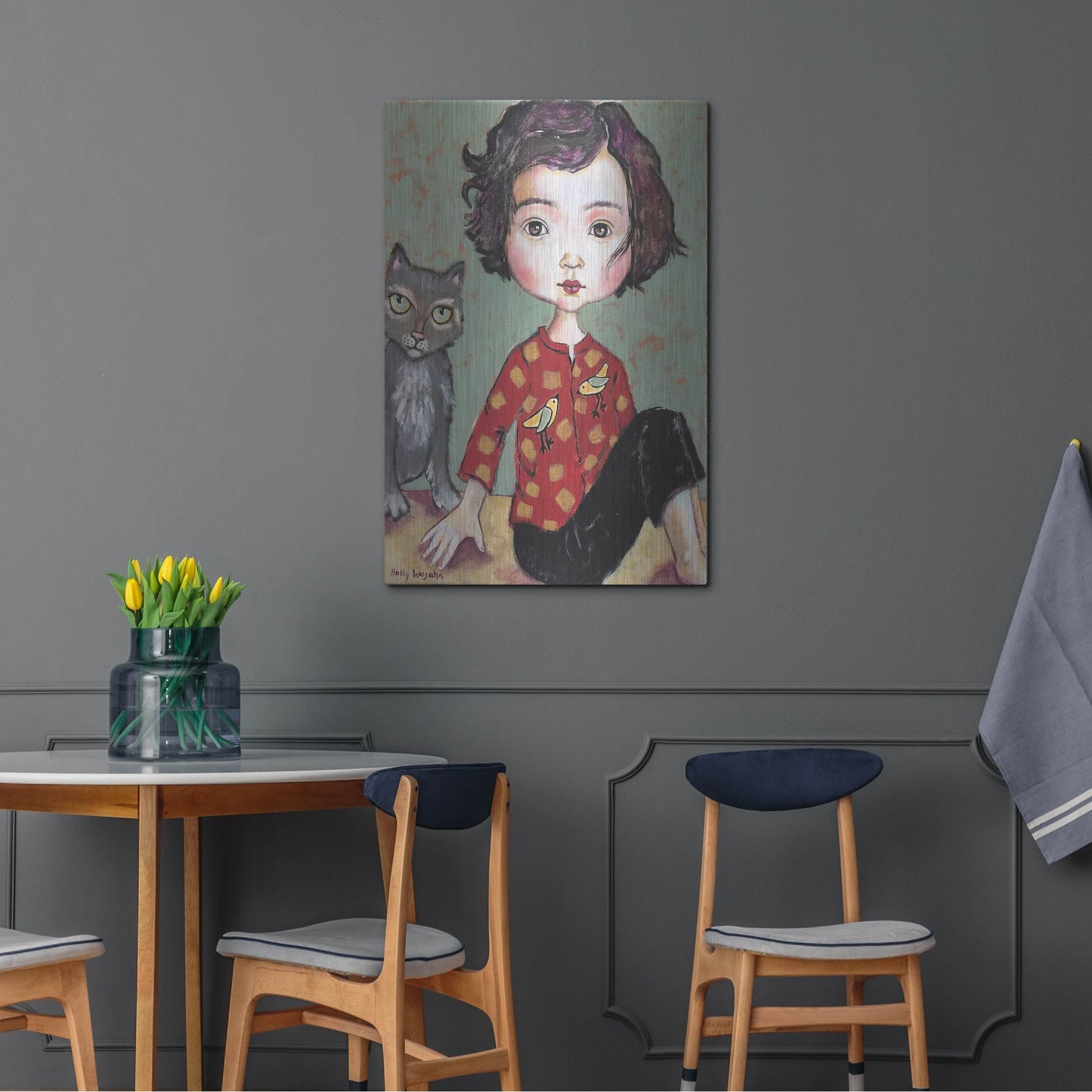 Luxe Metal Art 'Girl With Cat' by Holly Wojhan, Metal Wall Art,24x36