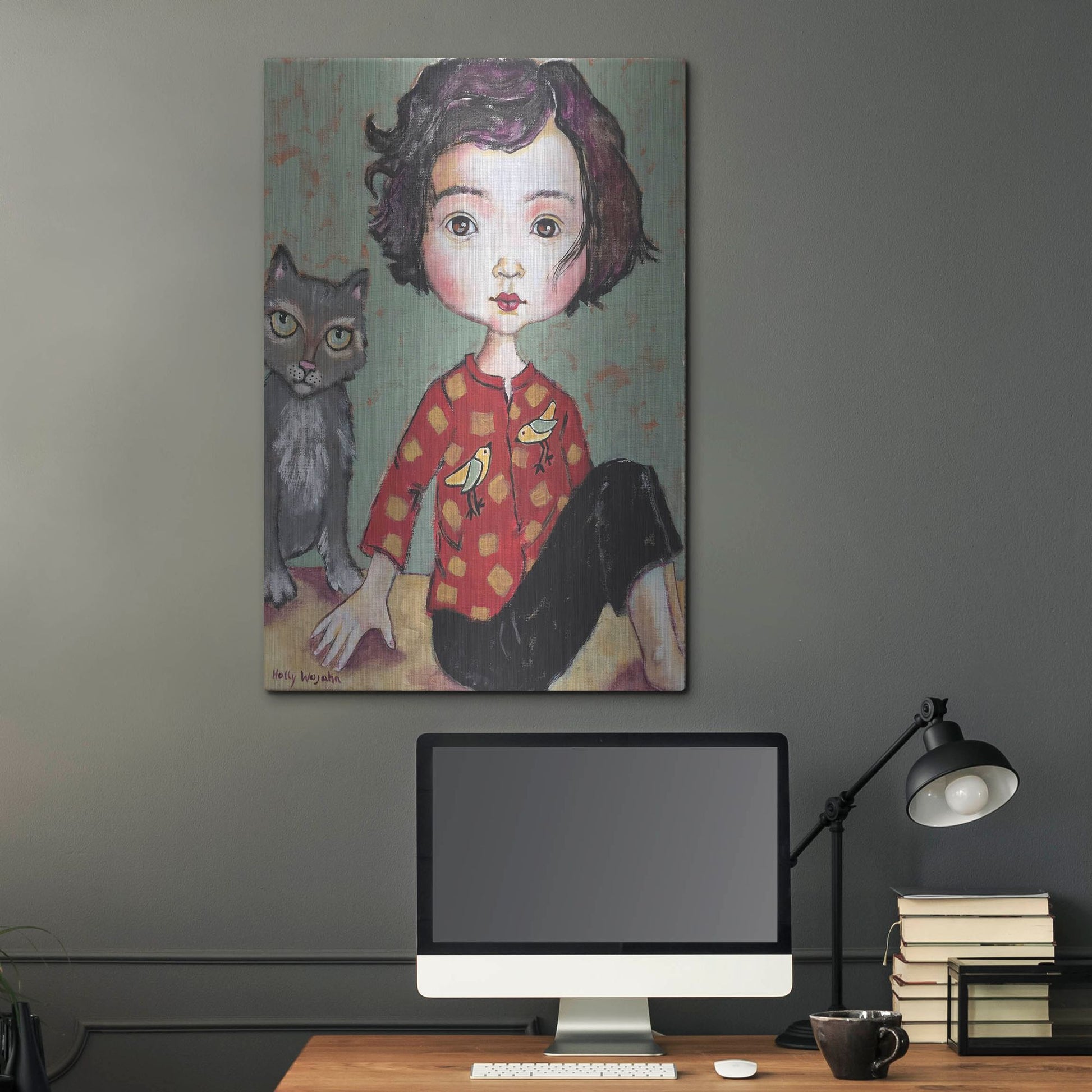 Luxe Metal Art 'Girl With Cat' by Holly Wojhan, Metal Wall Art,24x36