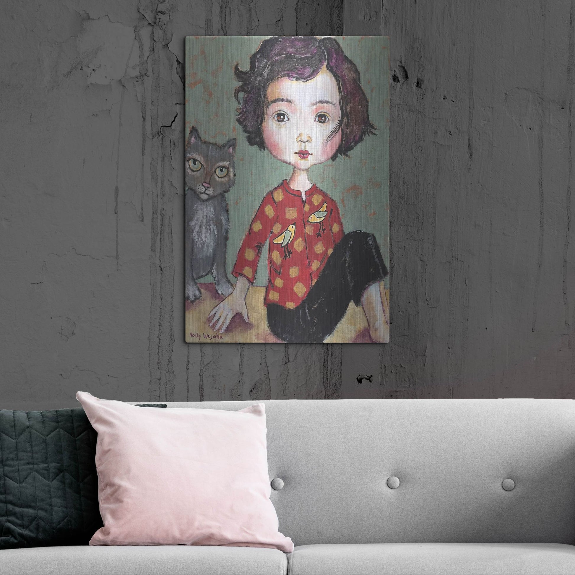 Luxe Metal Art 'Girl With Cat' by Holly Wojhan, Metal Wall Art,24x36