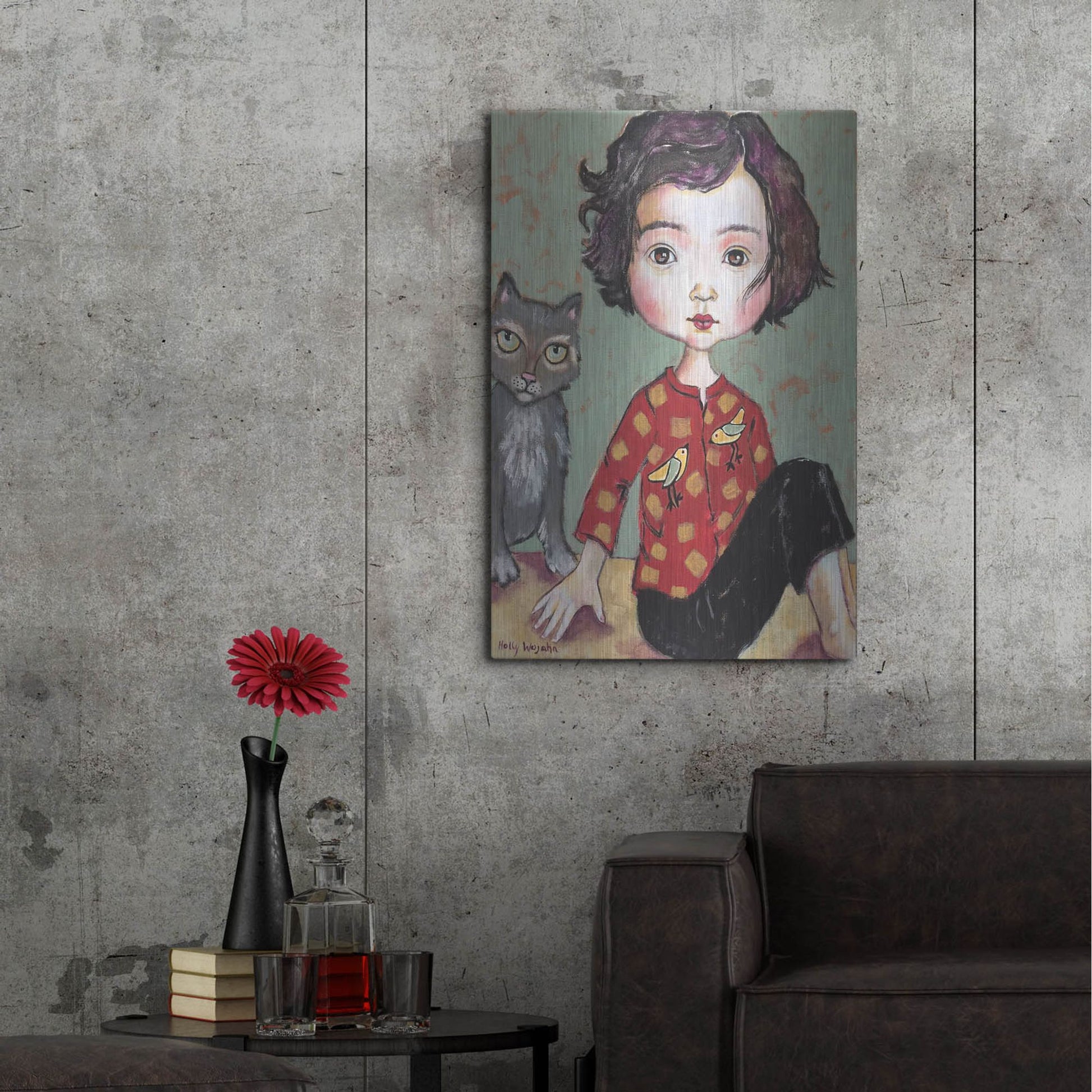 Luxe Metal Art 'Girl With Cat' by Holly Wojhan, Metal Wall Art,24x36