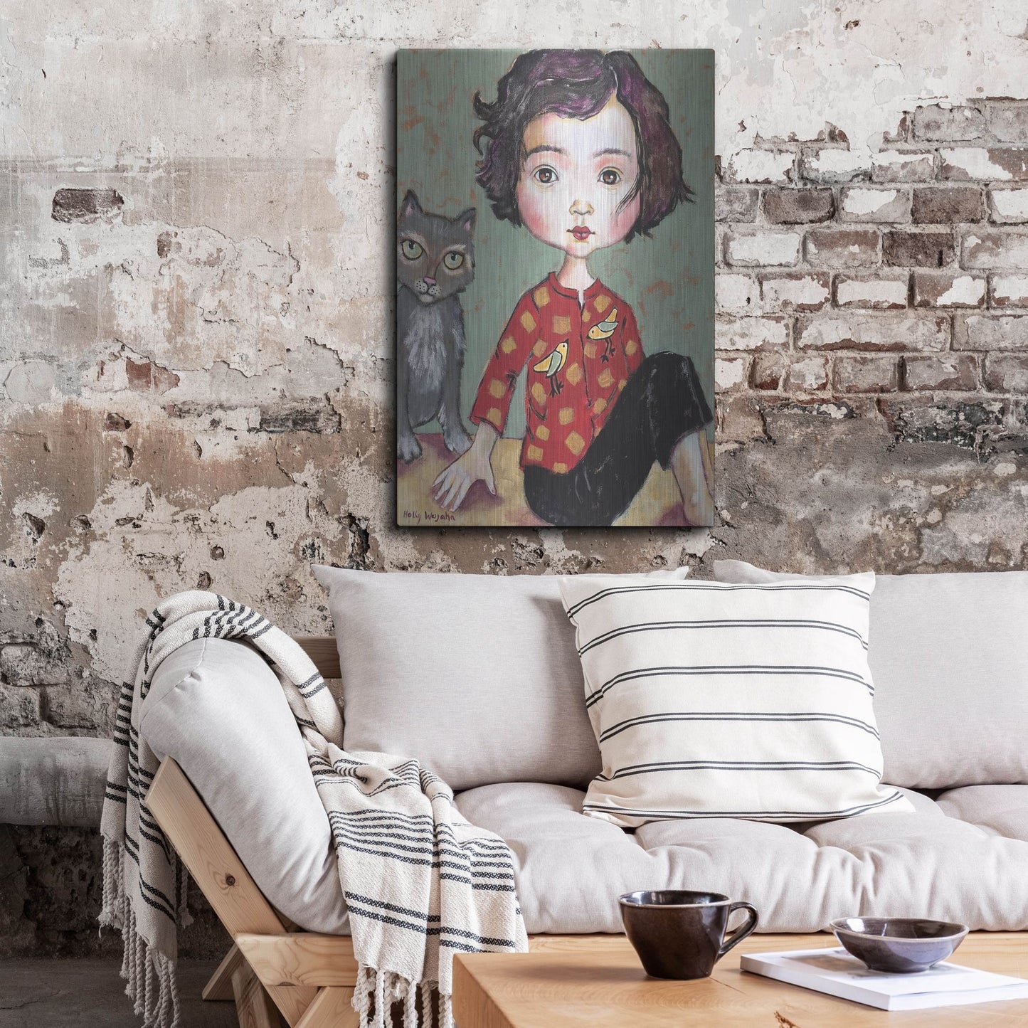 Luxe Metal Art 'Girl With Cat' by Holly Wojhan, Metal Wall Art,24x36