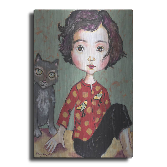 Luxe Metal Art 'Girl With Cat' by Holly Wojhan, Metal Wall Art