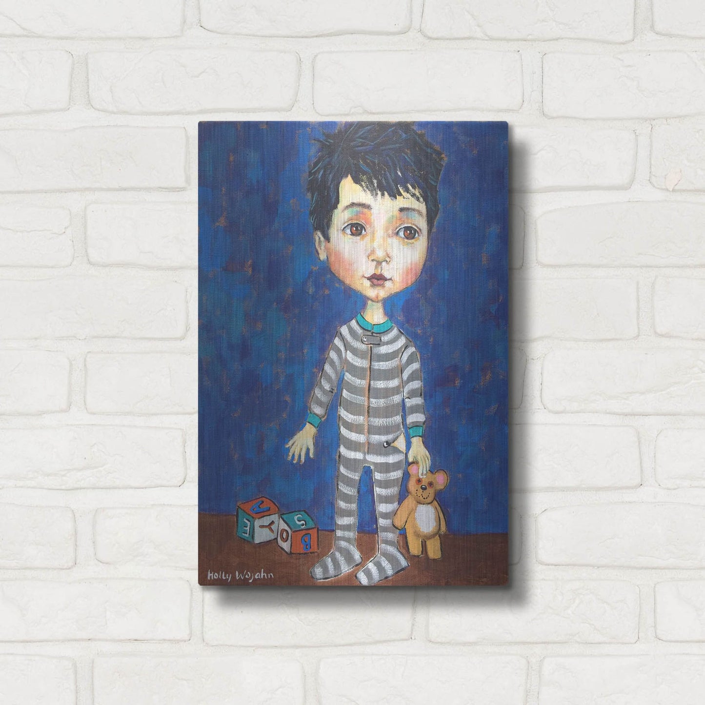 Luxe Metal Art 'Blue Pajama Boy' by Holly Wojhan, Metal Wall Art,12x16