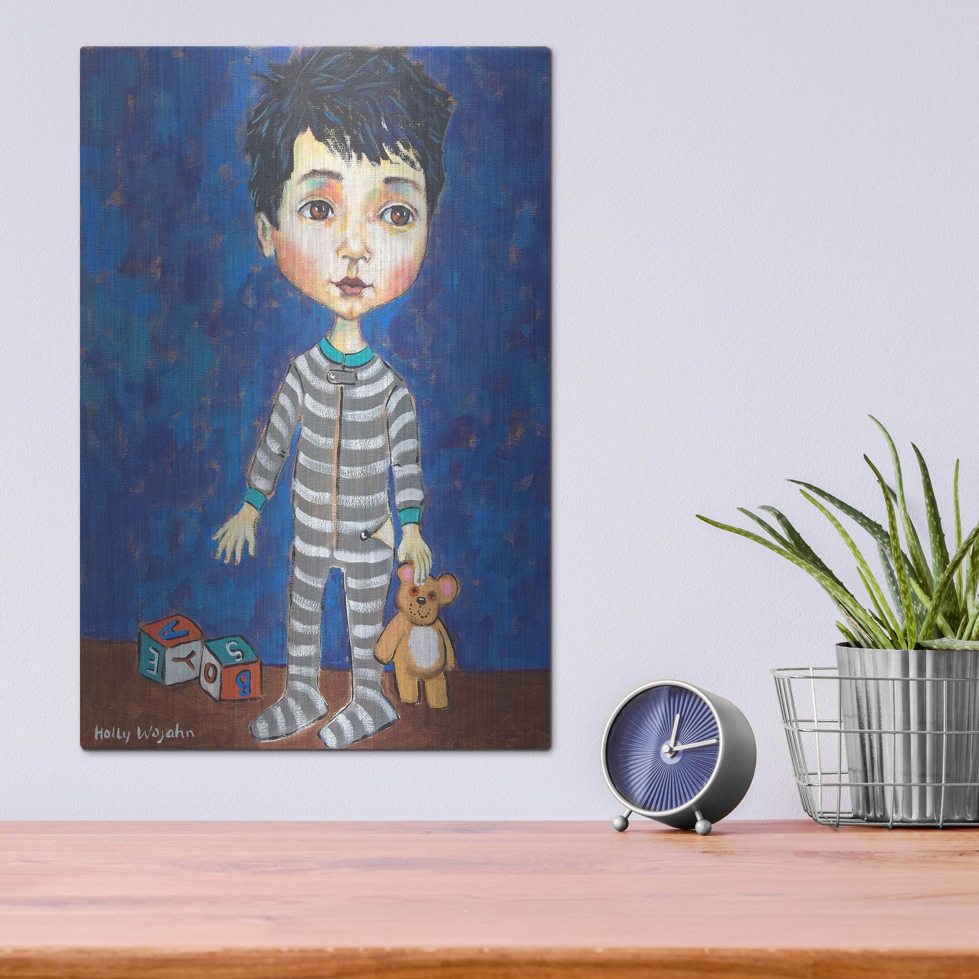 Luxe Metal Art 'Blue Pajama Boy' by Holly Wojhan, Metal Wall Art,12x16