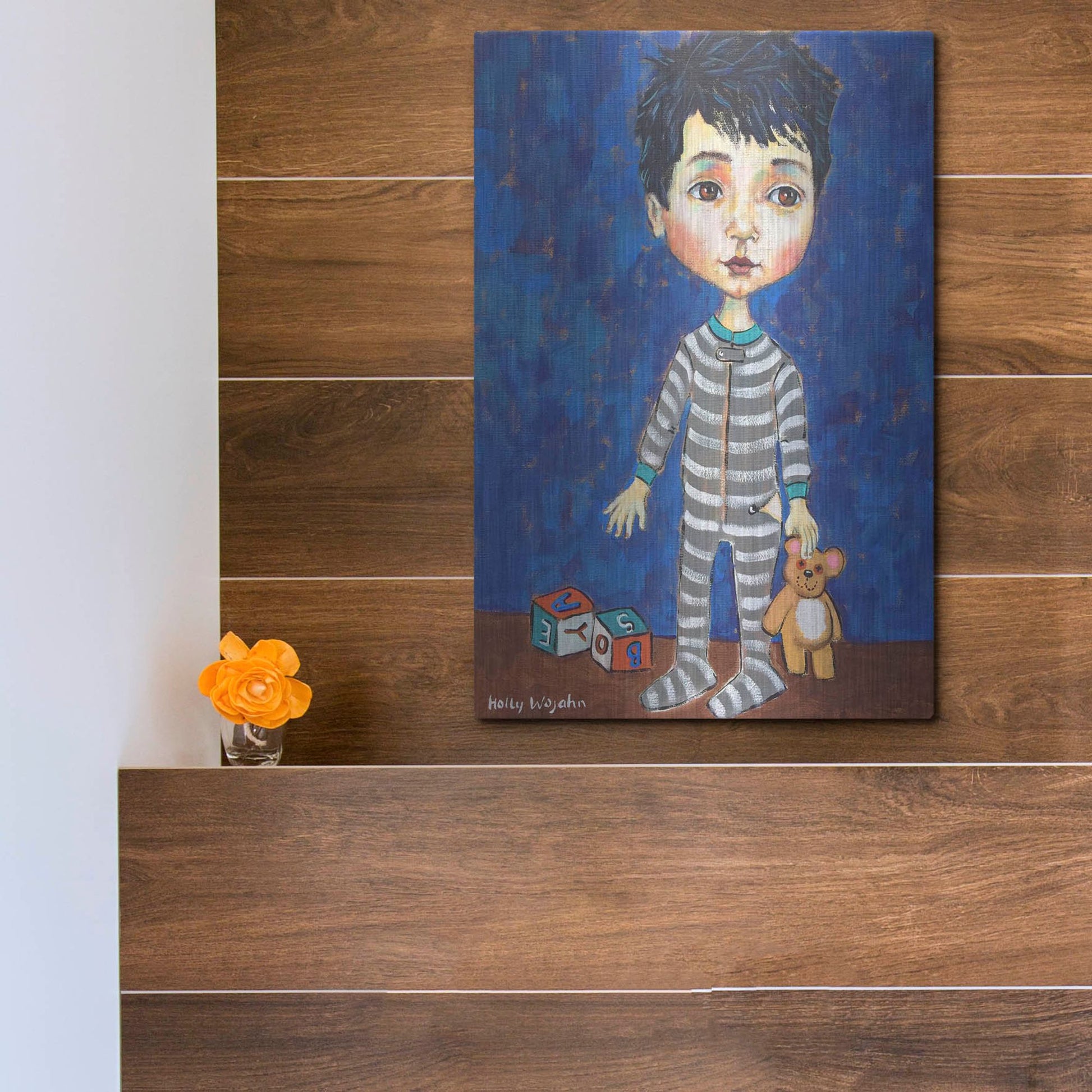Luxe Metal Art 'Blue Pajama Boy' by Holly Wojhan, Metal Wall Art,12x16