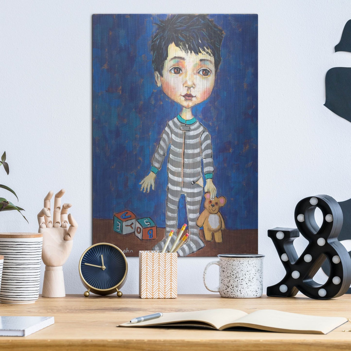 Luxe Metal Art 'Blue Pajama Boy' by Holly Wojhan, Metal Wall Art,12x16