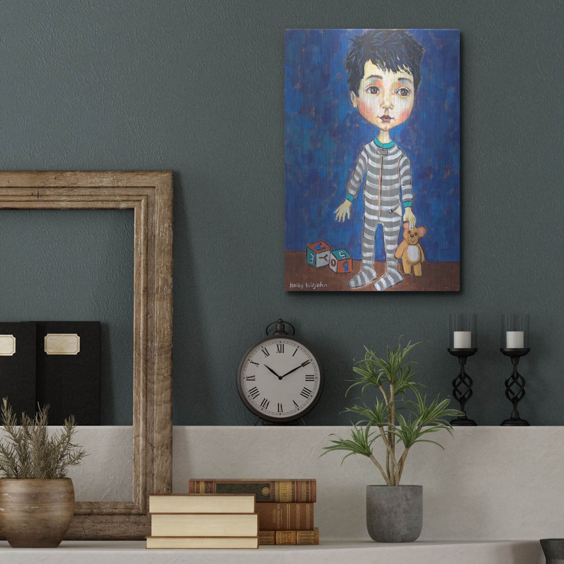 Luxe Metal Art 'Blue Pajama Boy' by Holly Wojhan, Metal Wall Art,12x16