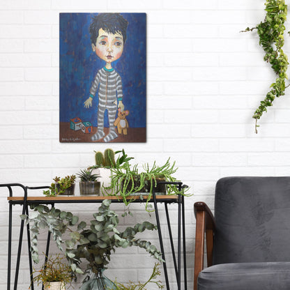 Luxe Metal Art 'Blue Pajama Boy' by Holly Wojhan, Metal Wall Art,12x16