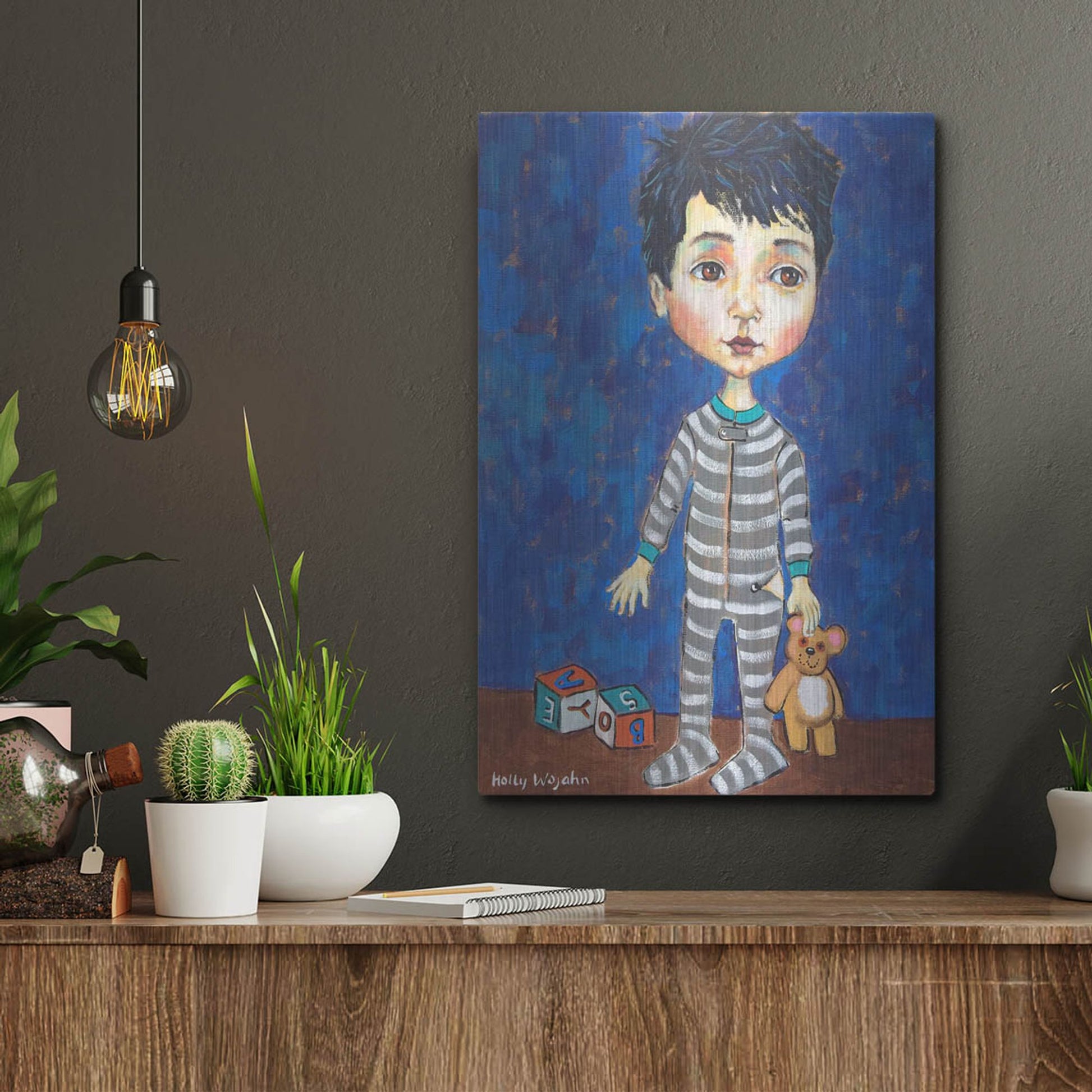 Luxe Metal Art 'Blue Pajama Boy' by Holly Wojhan, Metal Wall Art,12x16