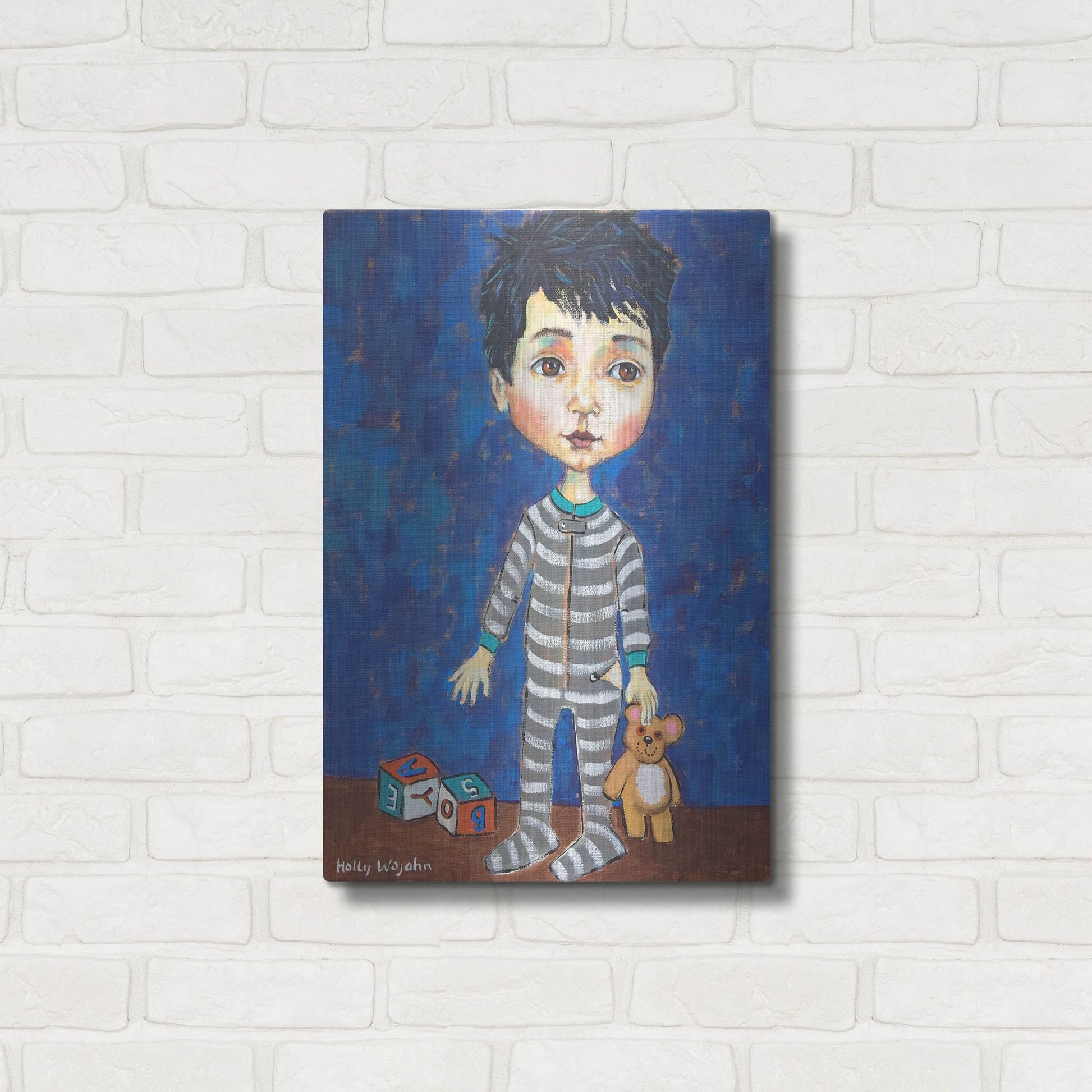 Luxe Metal Art 'Blue Pajama Boy' by Holly Wojhan, Metal Wall Art,16x24
