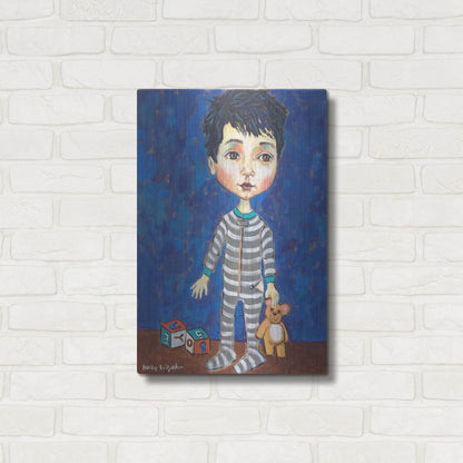 Luxe Metal Art 'Blue Pajama Boy' by Holly Wojhan, Metal Wall Art,16x24