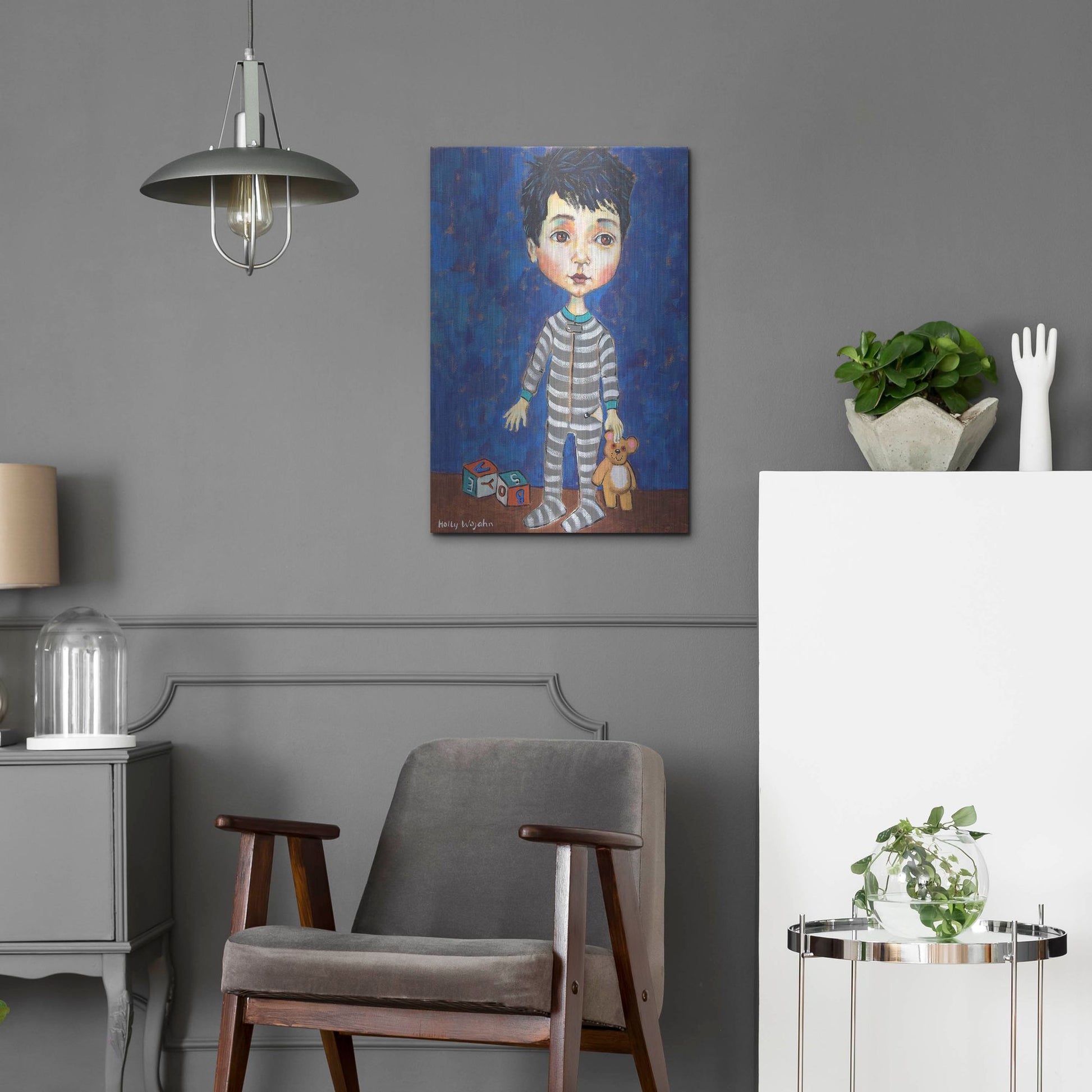 Luxe Metal Art 'Blue Pajama Boy' by Holly Wojhan, Metal Wall Art,16x24