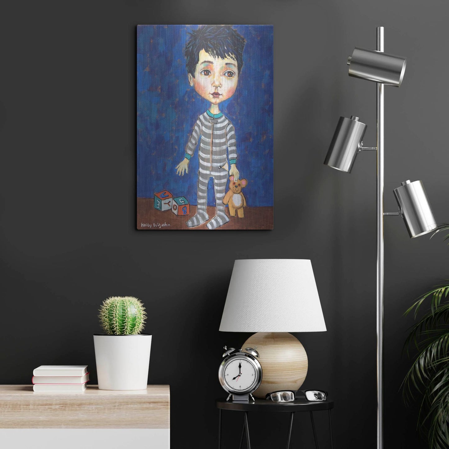 Luxe Metal Art 'Blue Pajama Boy' by Holly Wojhan, Metal Wall Art,16x24